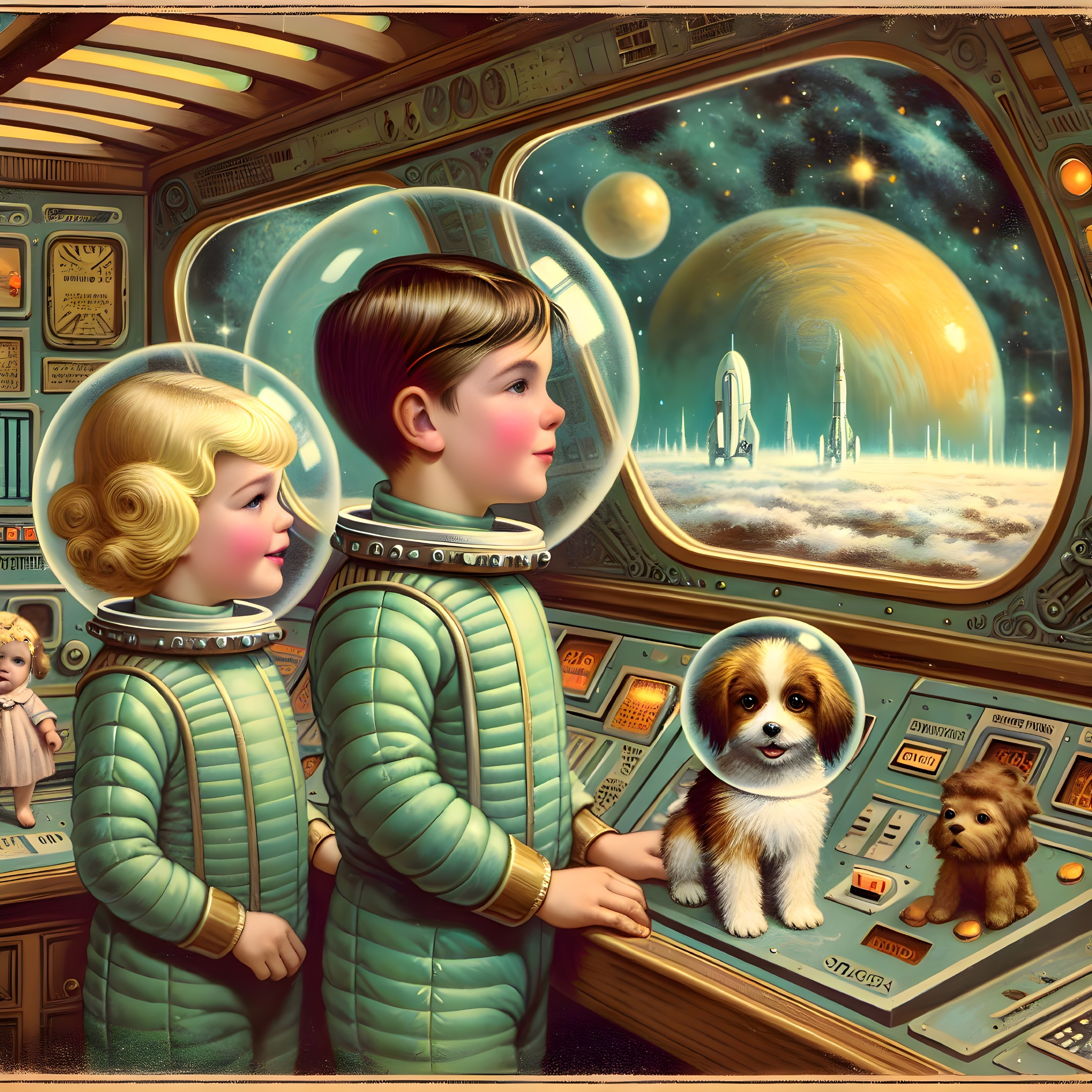 Children in Space Suits in Retro-Futuristic Cockpit