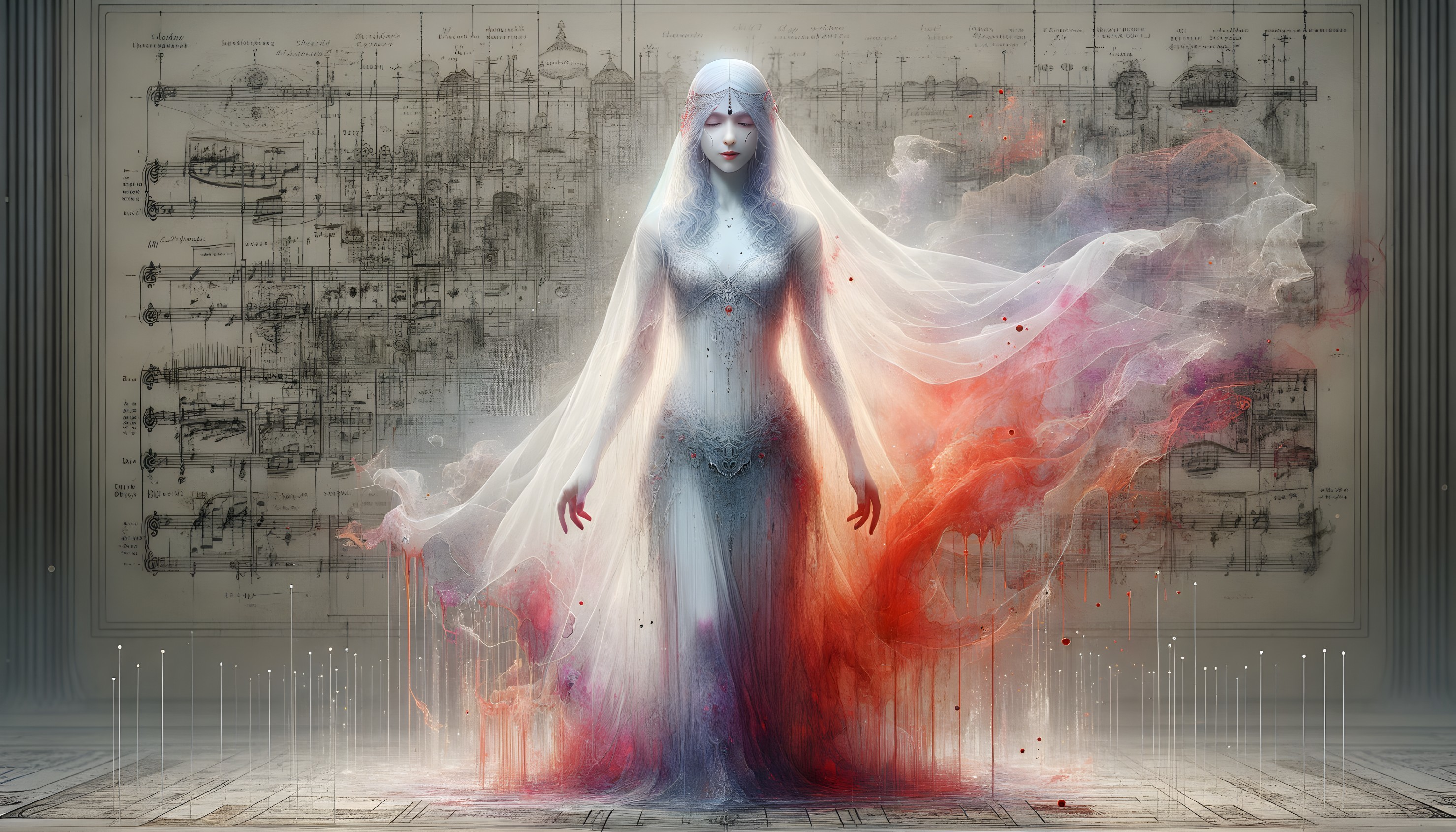 Ethereal Figure on Faded Sheet Music Background