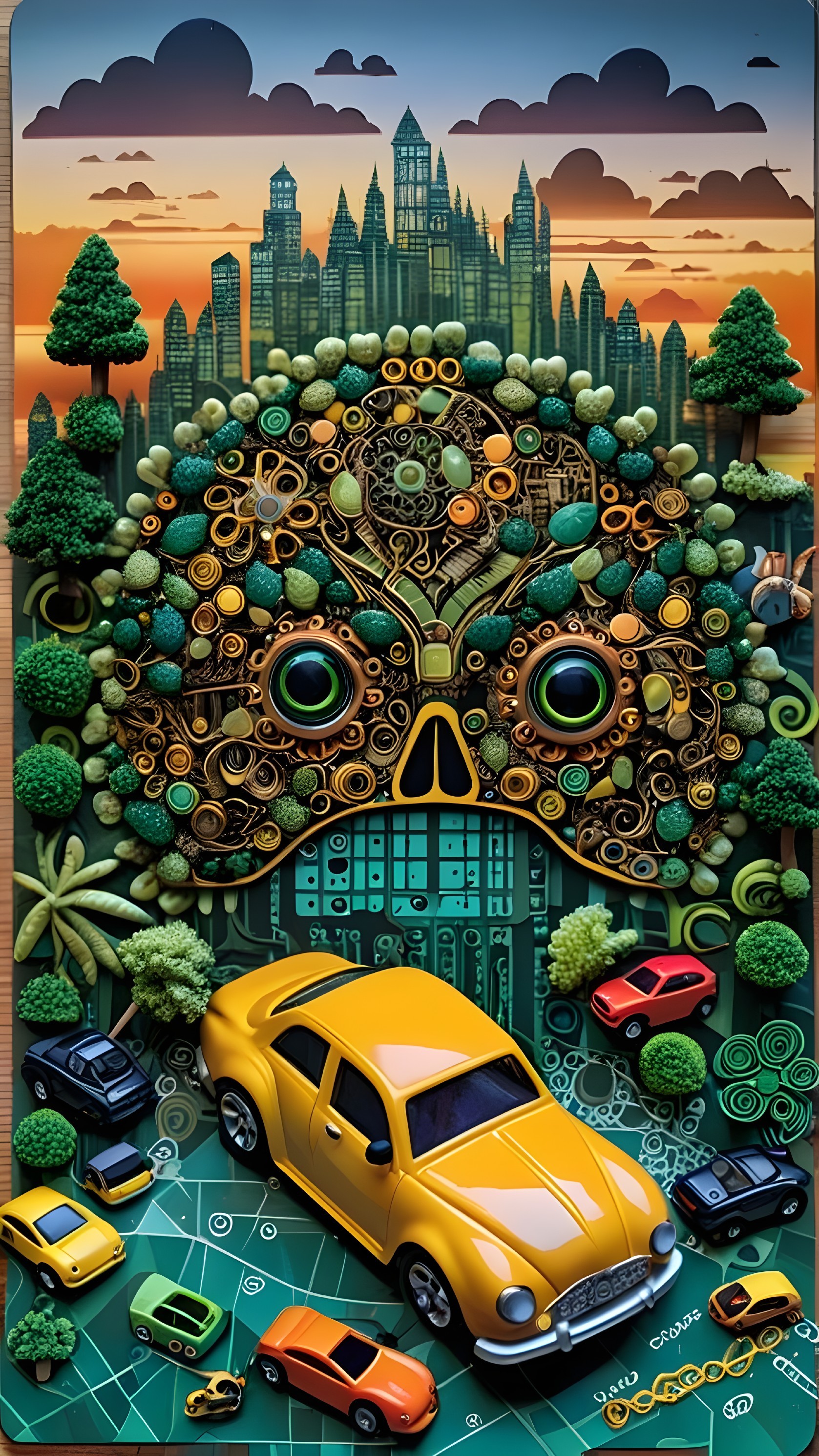 Abstract Landscape with Mask, Cars, and Skyline