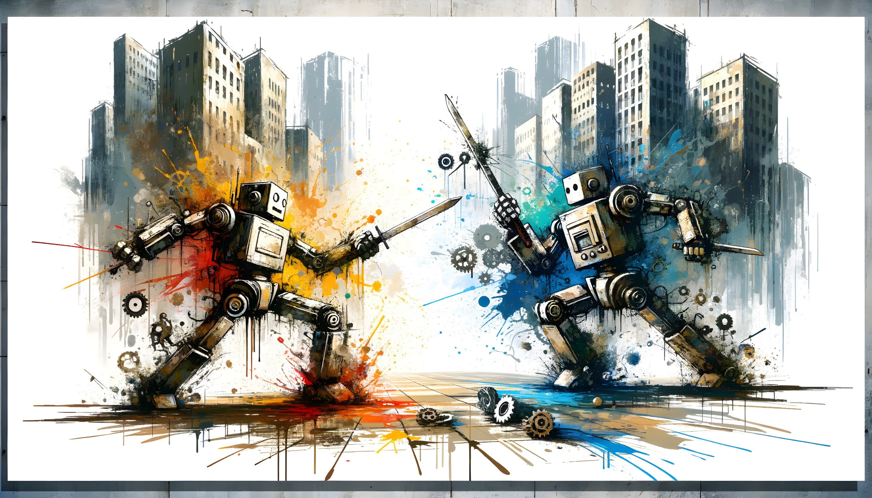Robotic Duel with Swords Against Urban Skyline