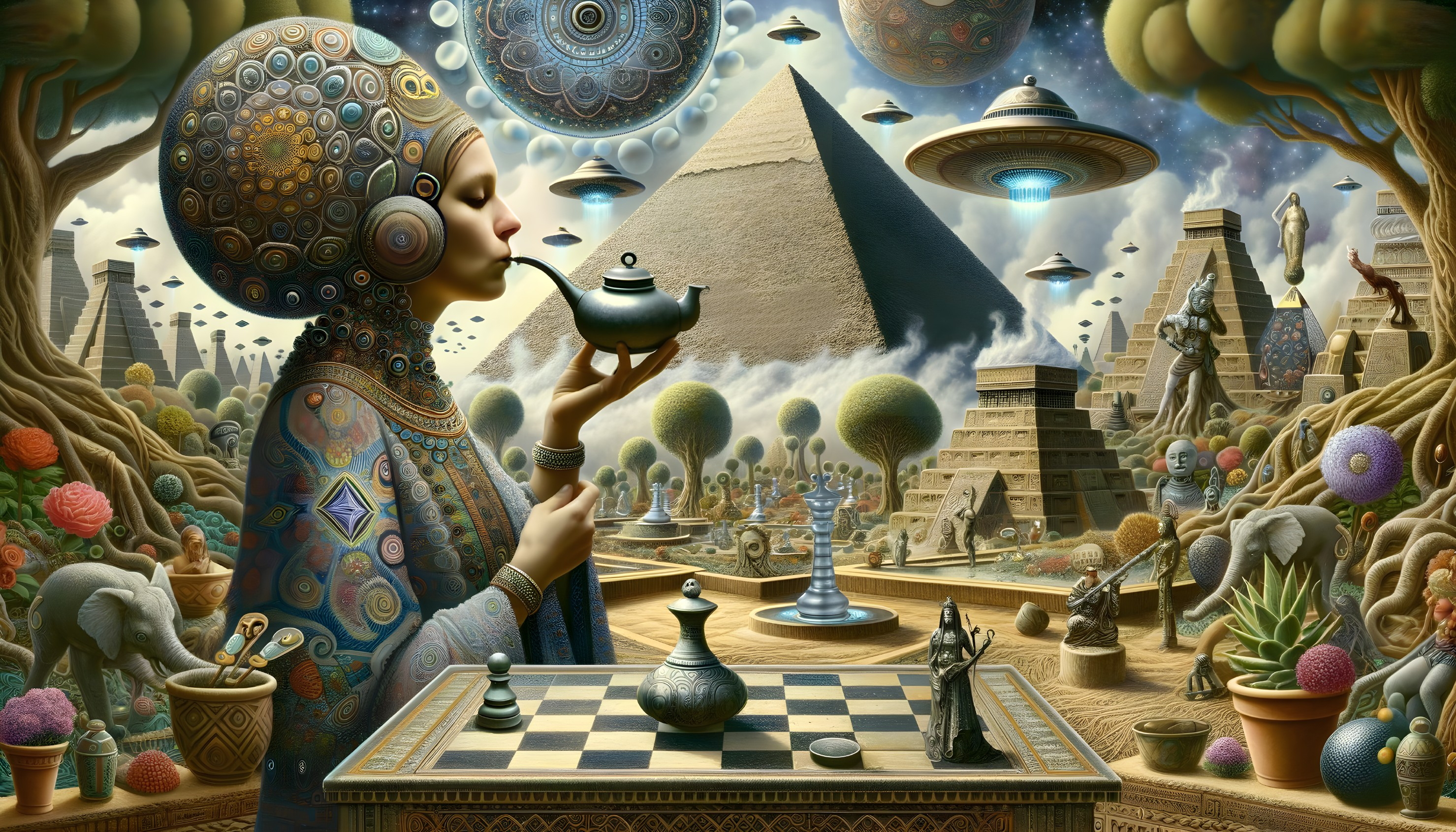 Surreal Landscape with Woman, Chessboard, and UFOs