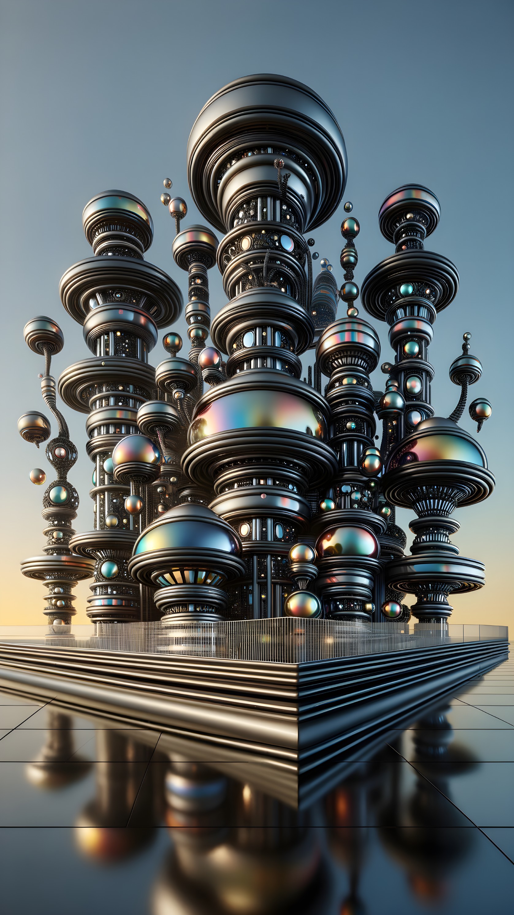 Futuristic cityscape with metallic orb structures