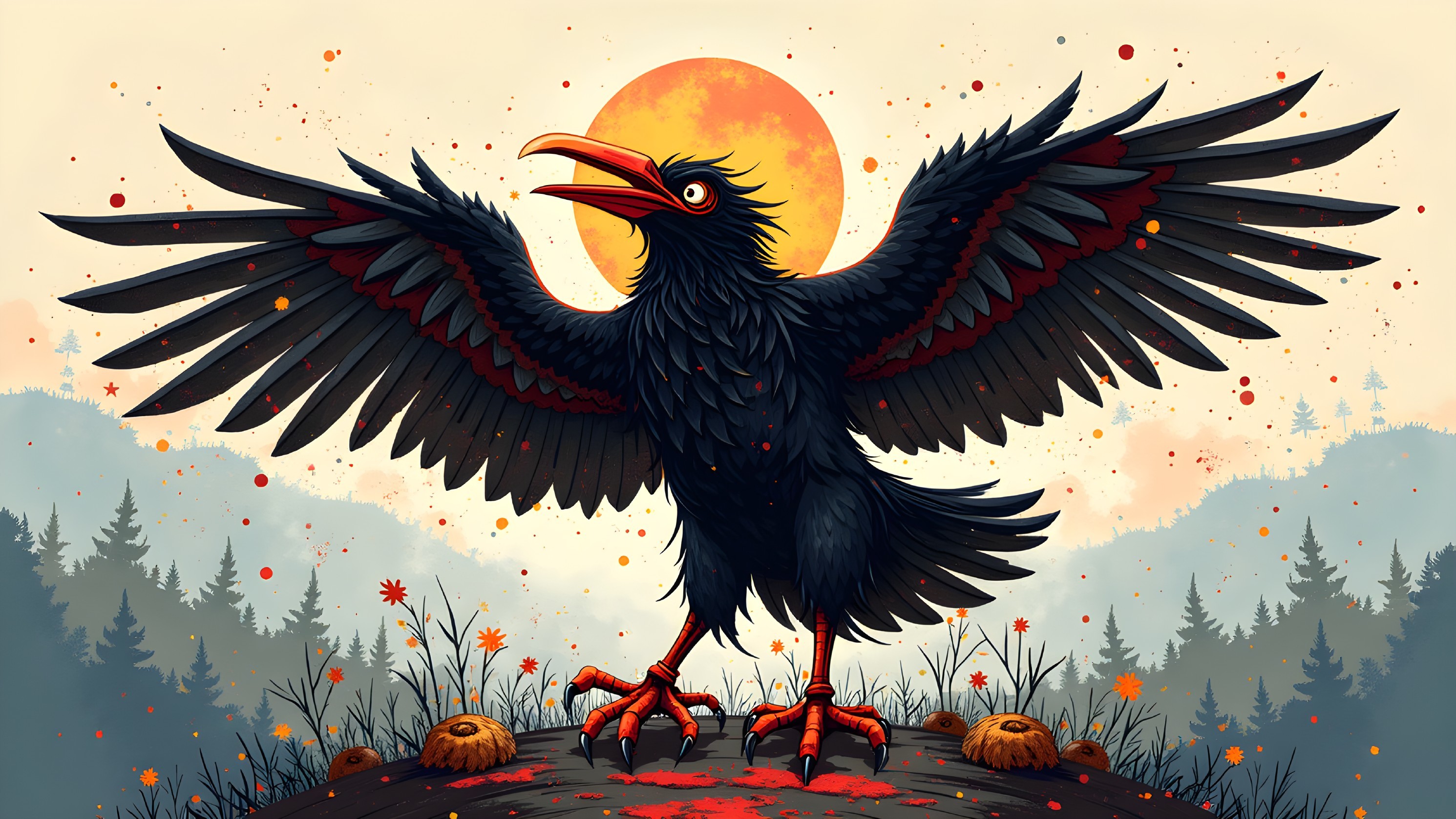 Black Crow with Outstretched Wings Against Orange Sun