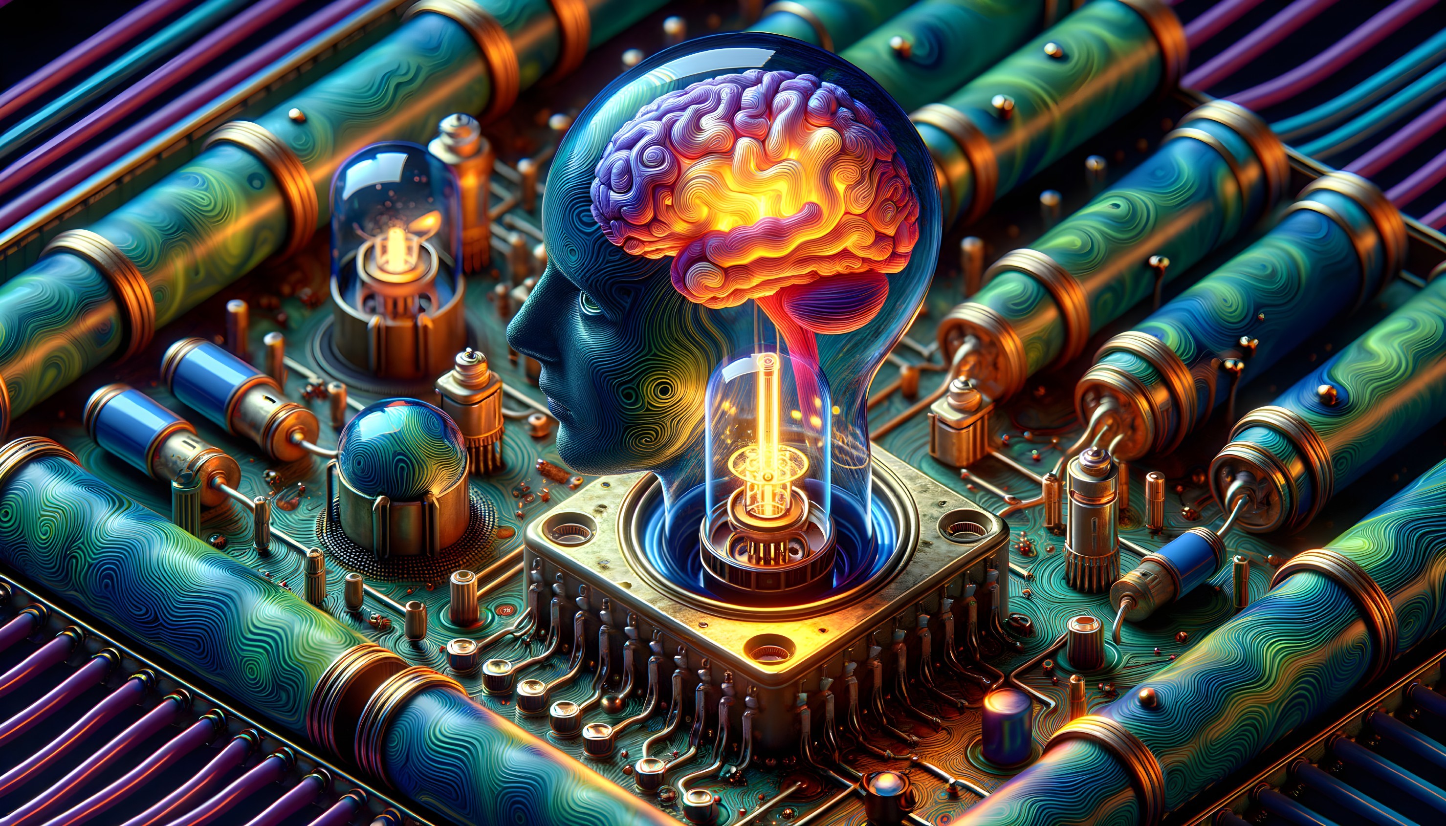 Surreal Brain with Electric Activity and Circuit Board
