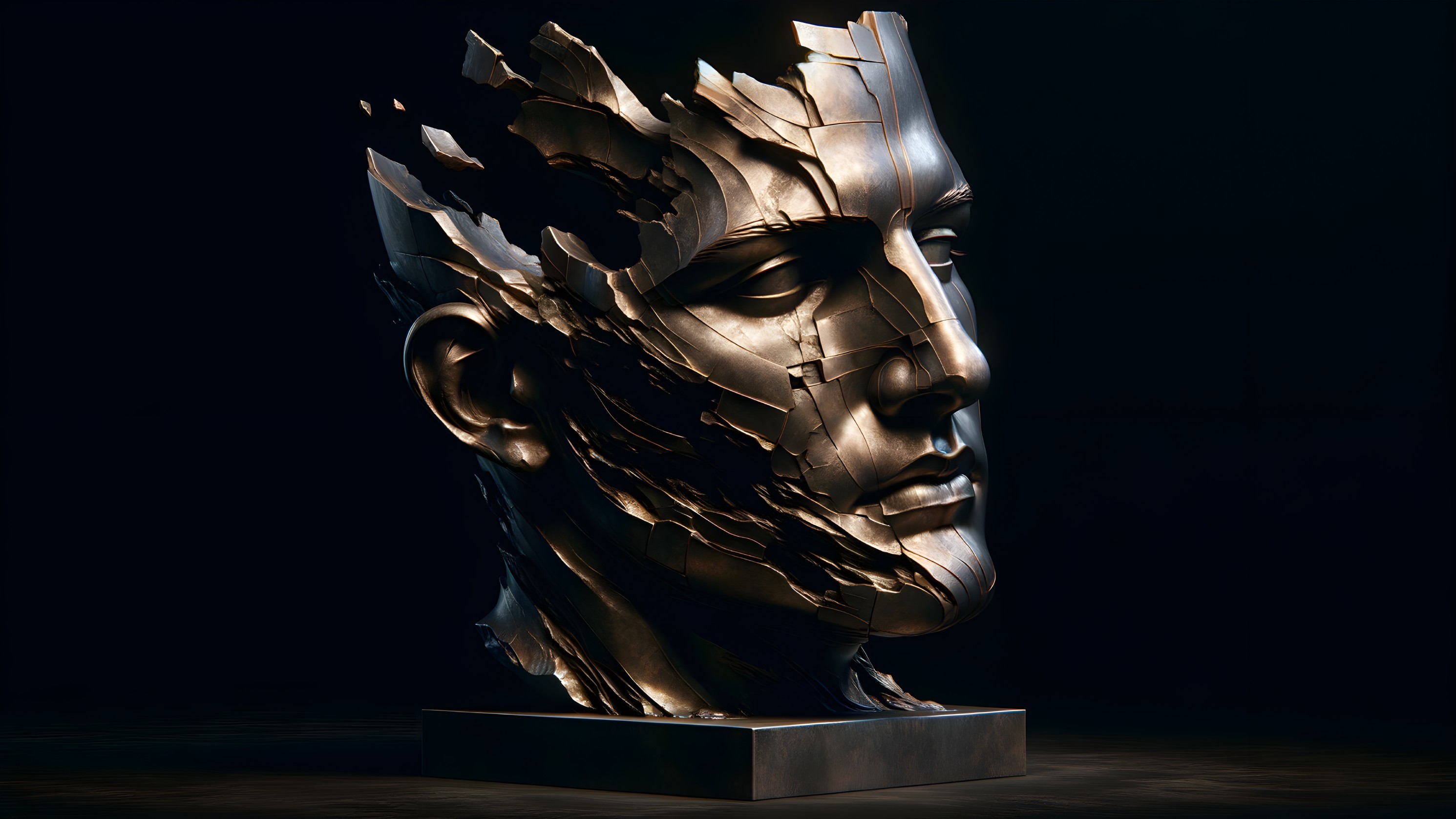 Sculpture of Shattered Human Head with Light Play