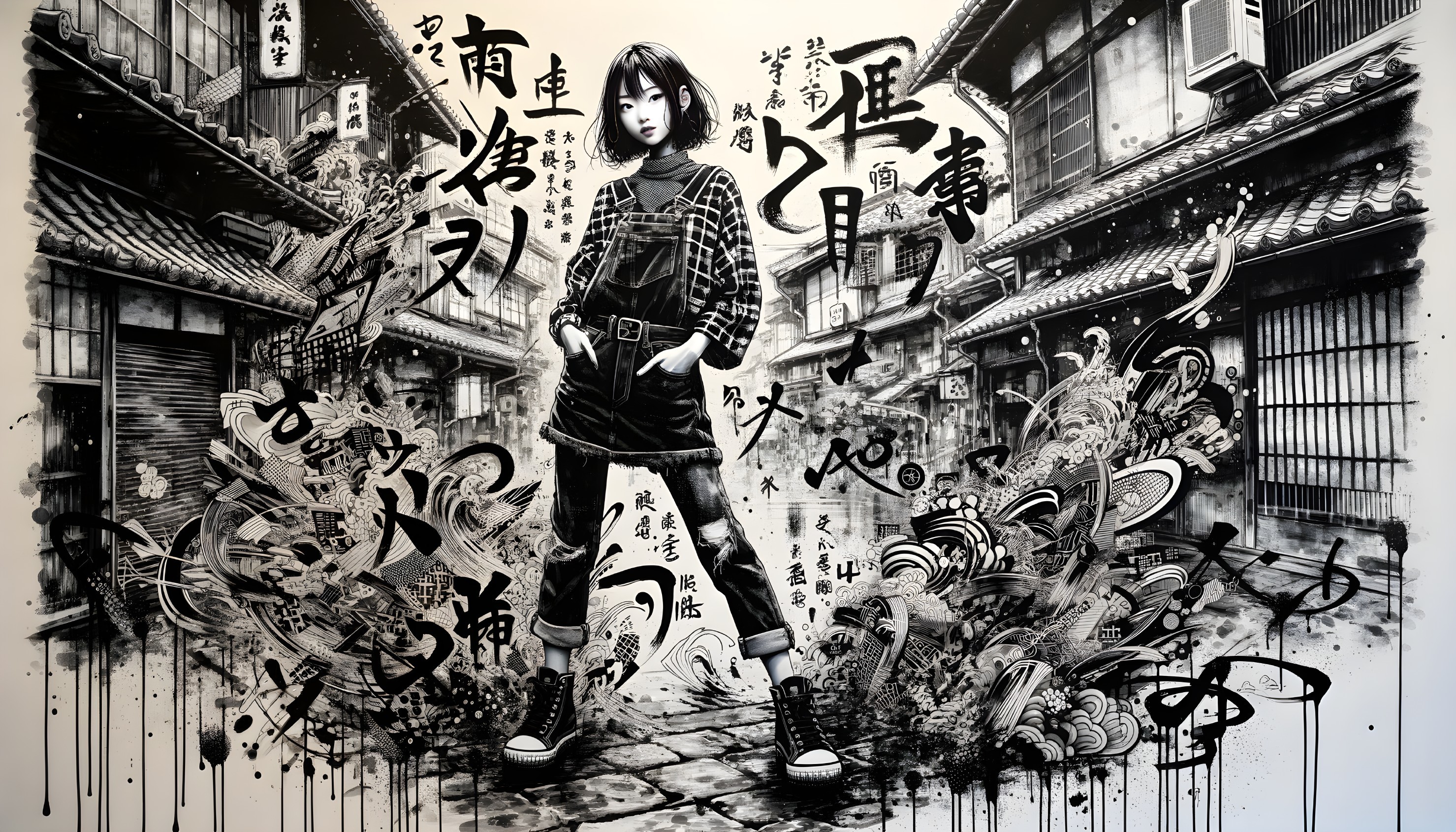 Black and White Mural of Girl with Japanese Architecture