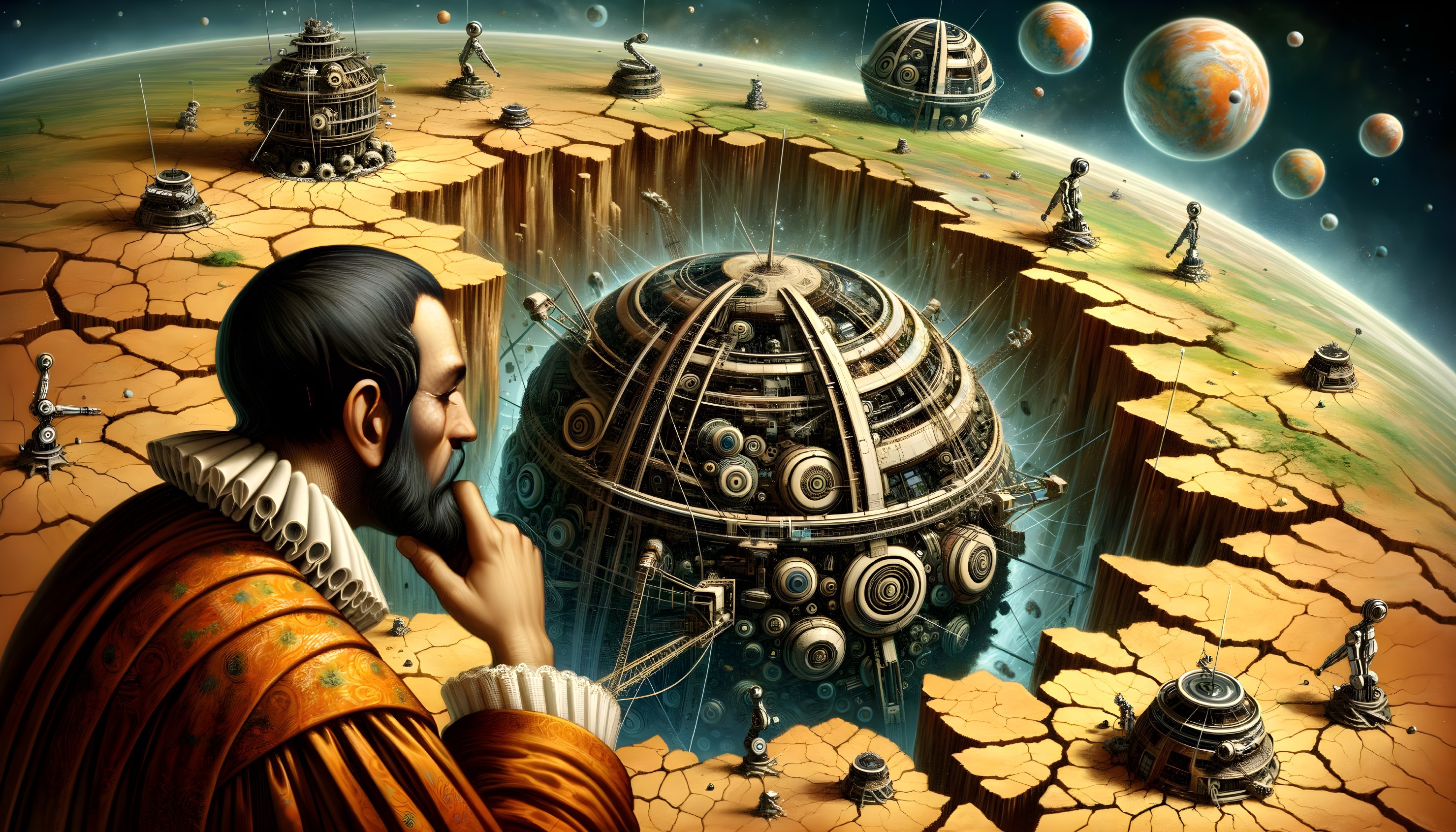 Futuristic landscape with ornate figure and structure
