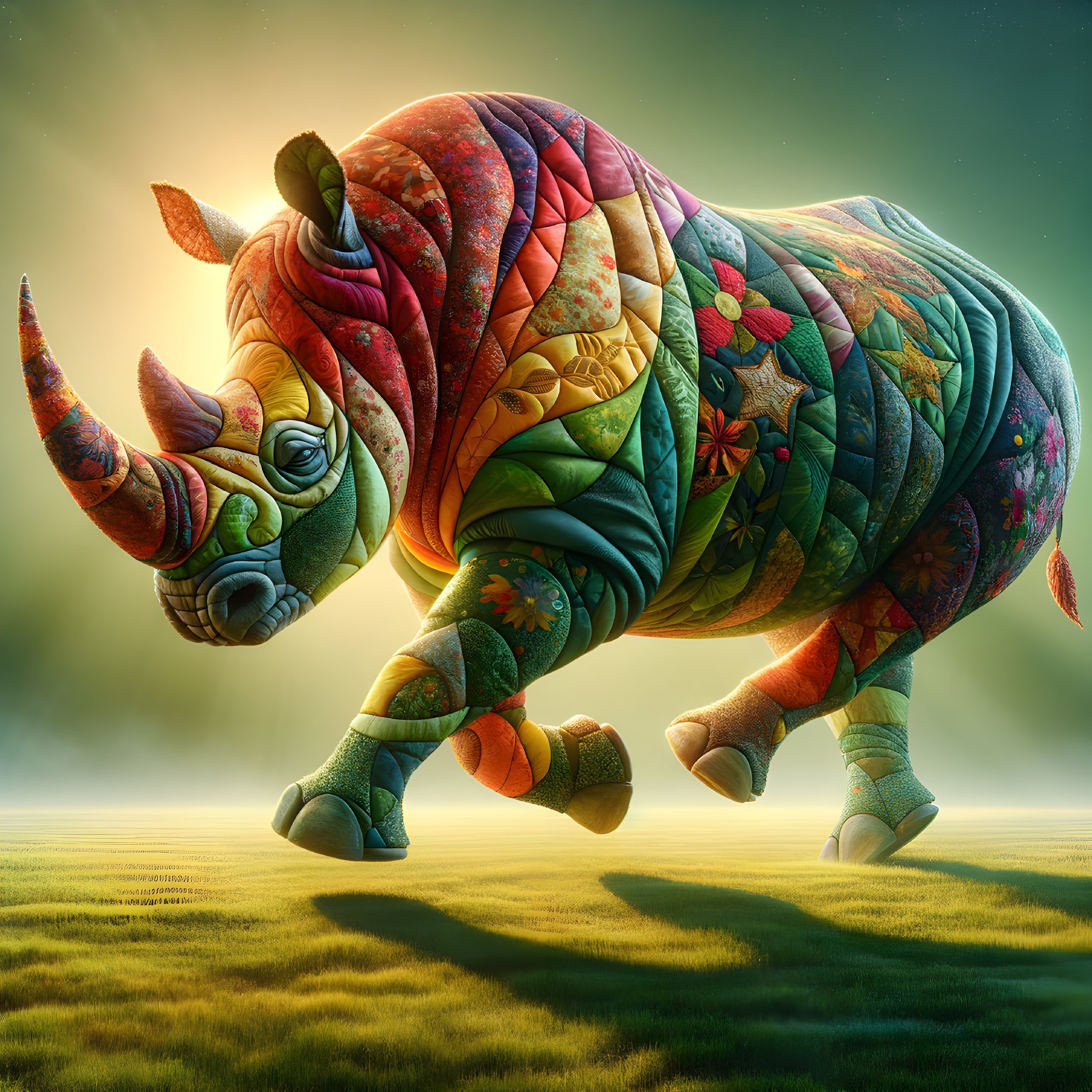 Vibrant Rhinoceros with Colorful Patterns in Meadow