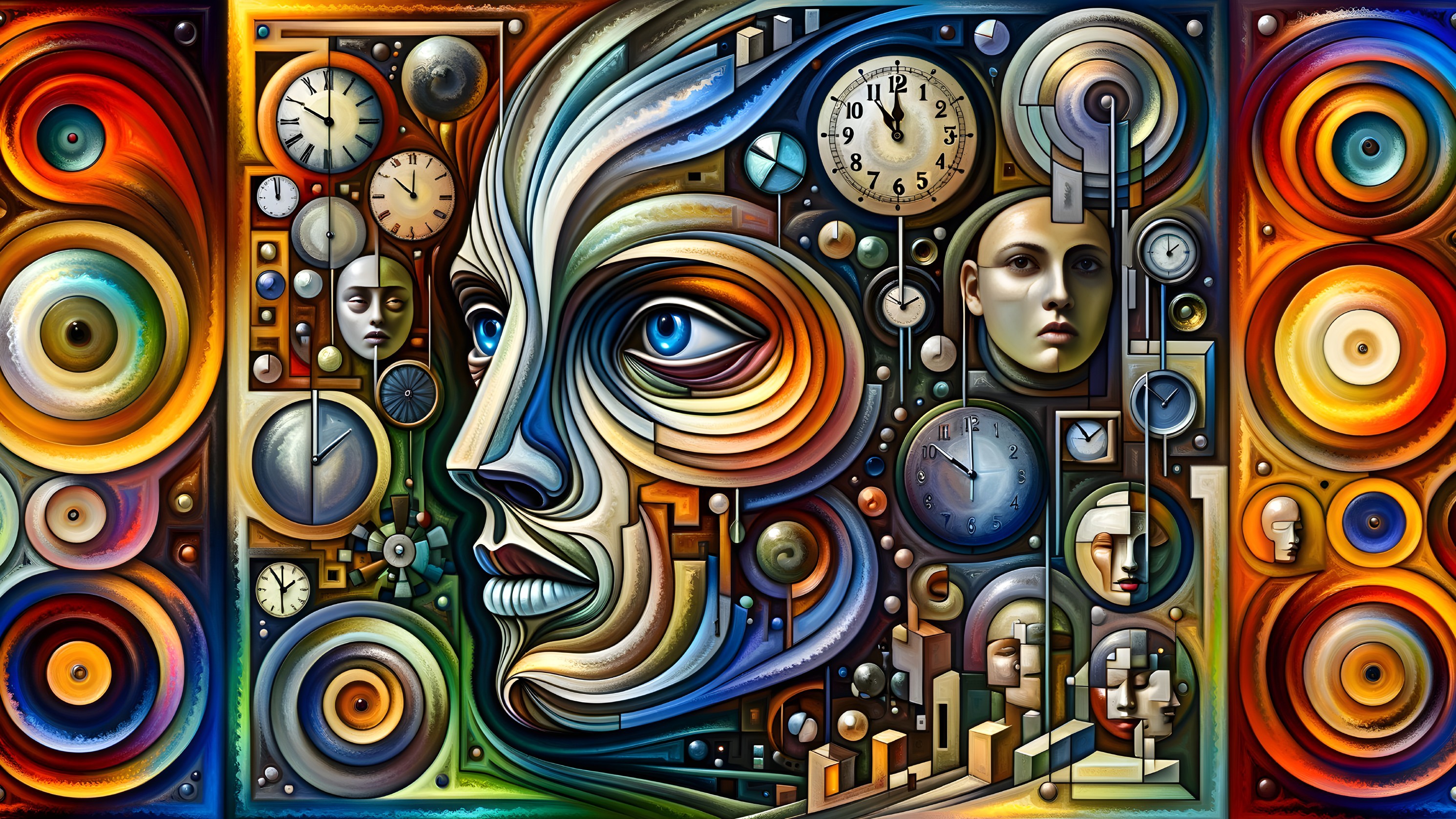 Abstract Artwork of Human Face with Clocks and Shapes