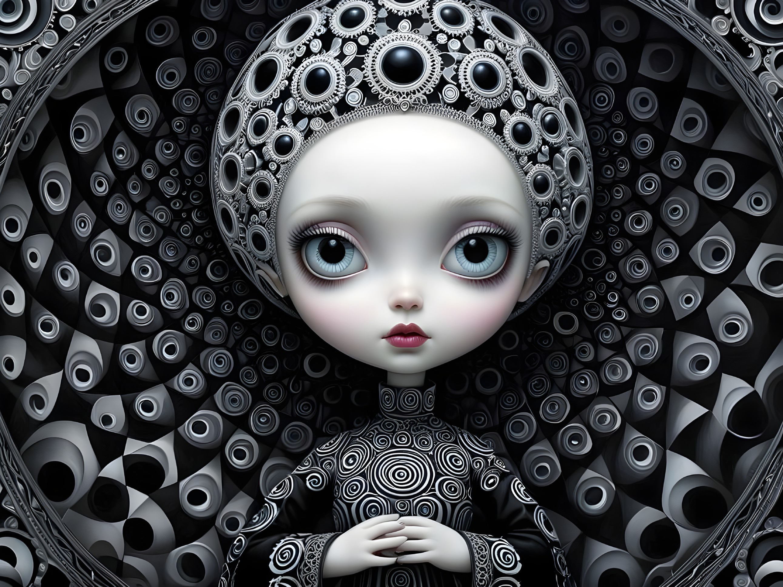 Stylized Doll Figure with Intricate Crown and Patterns