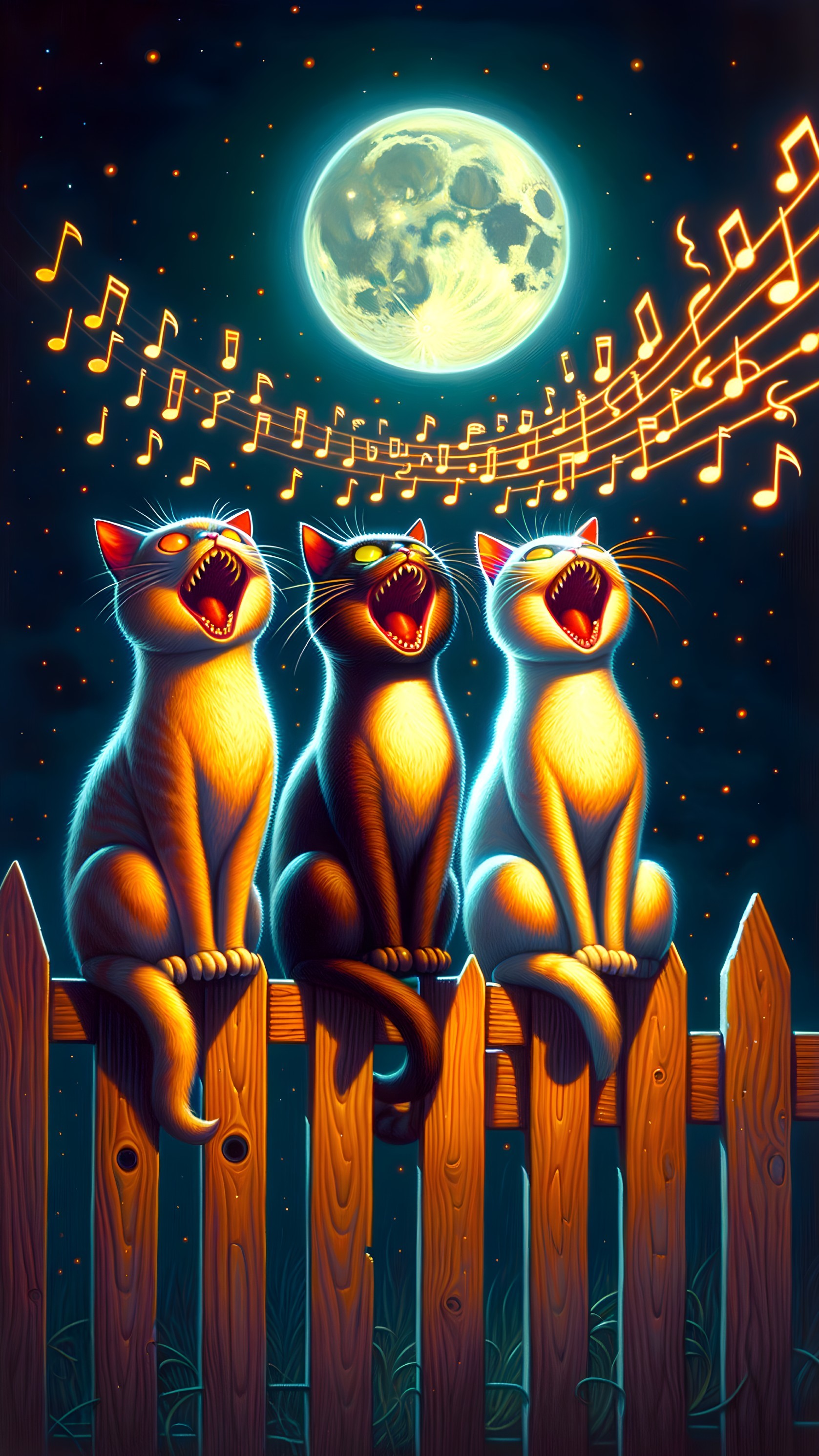 Cats Singing on a Fence Under a Full Moon
