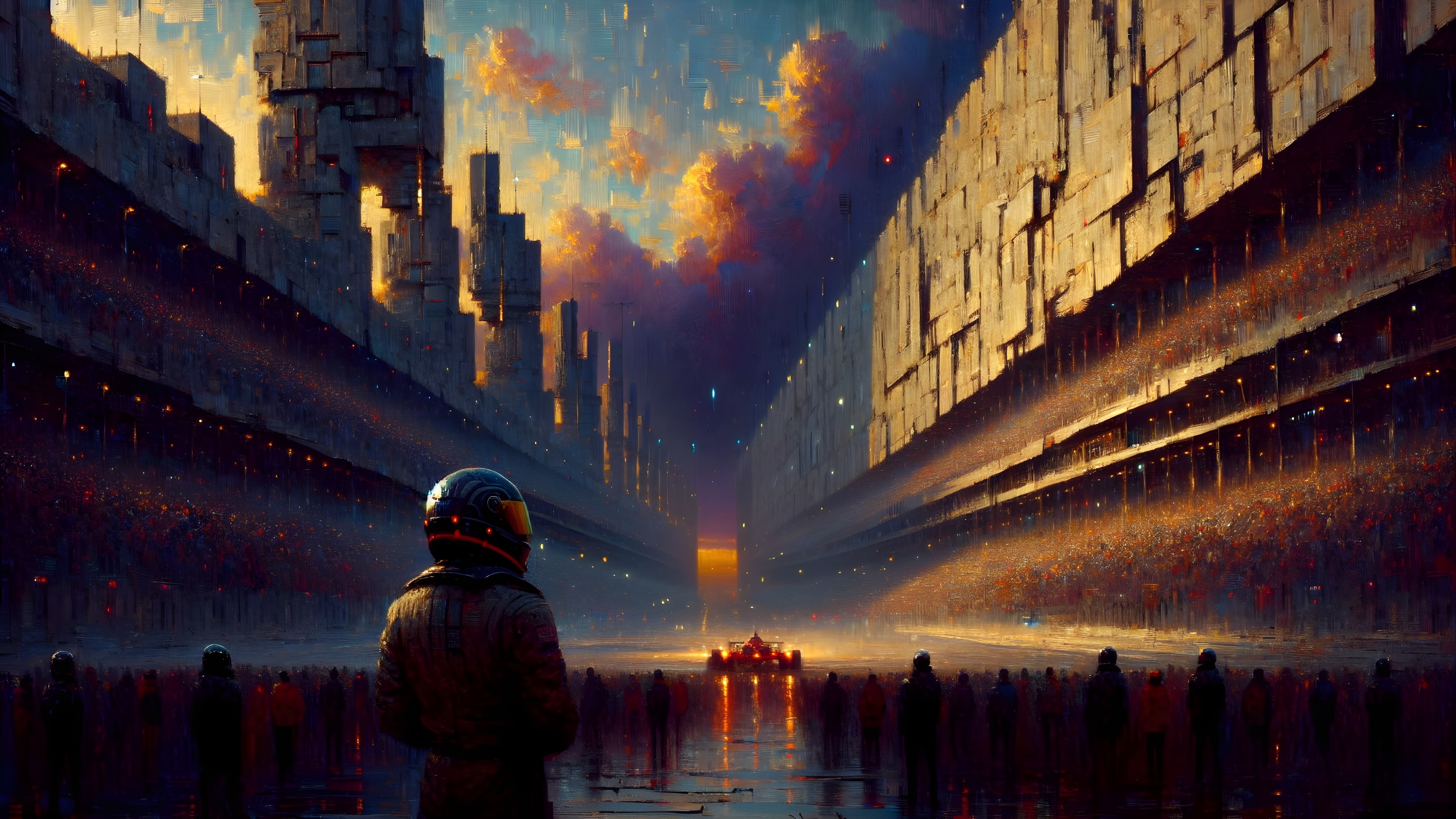 Lone Figure in Space Suit at Futuristic Canyon Edge