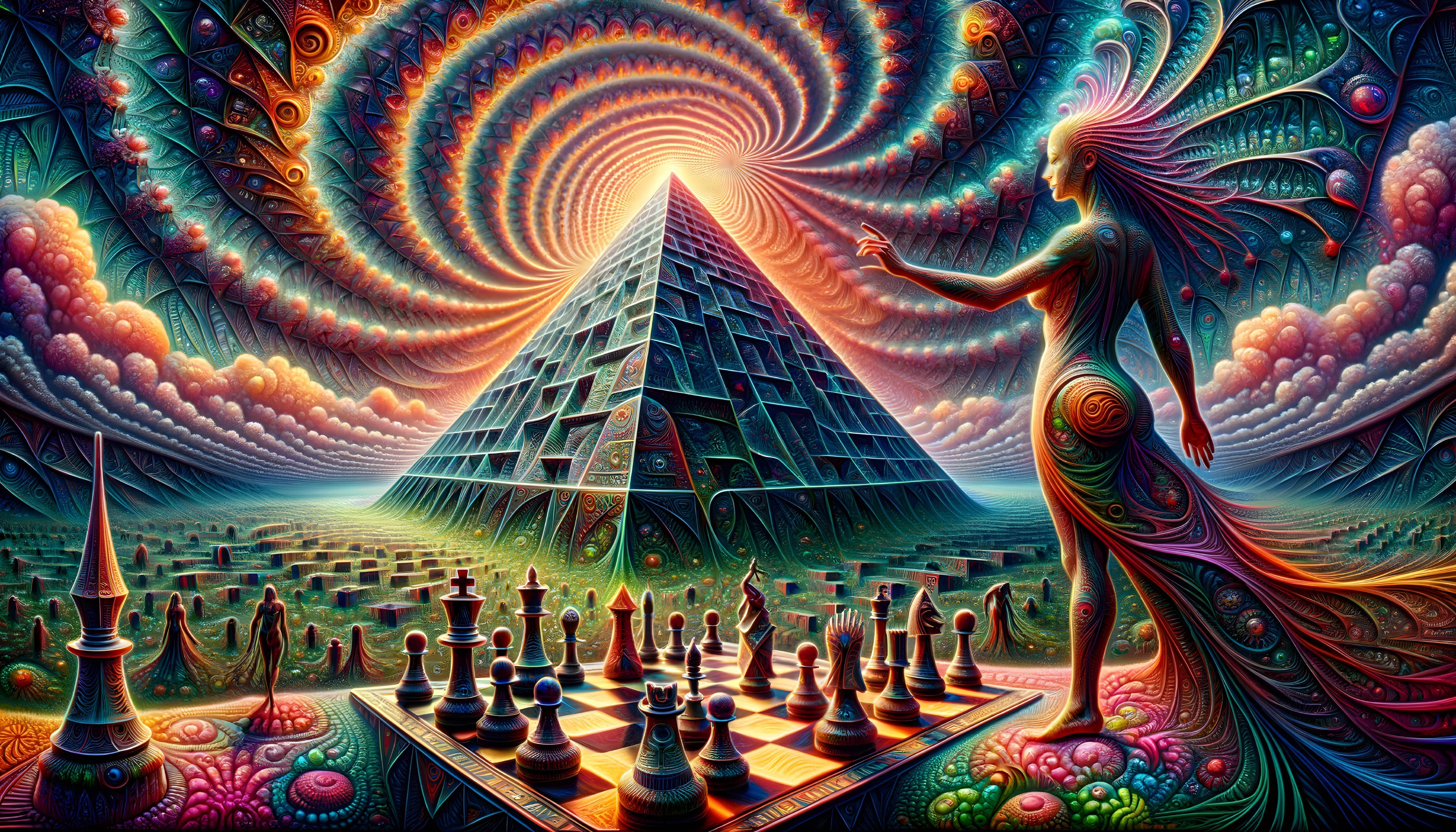 Surreal Landscape with Pyramid and Chessboard Elements