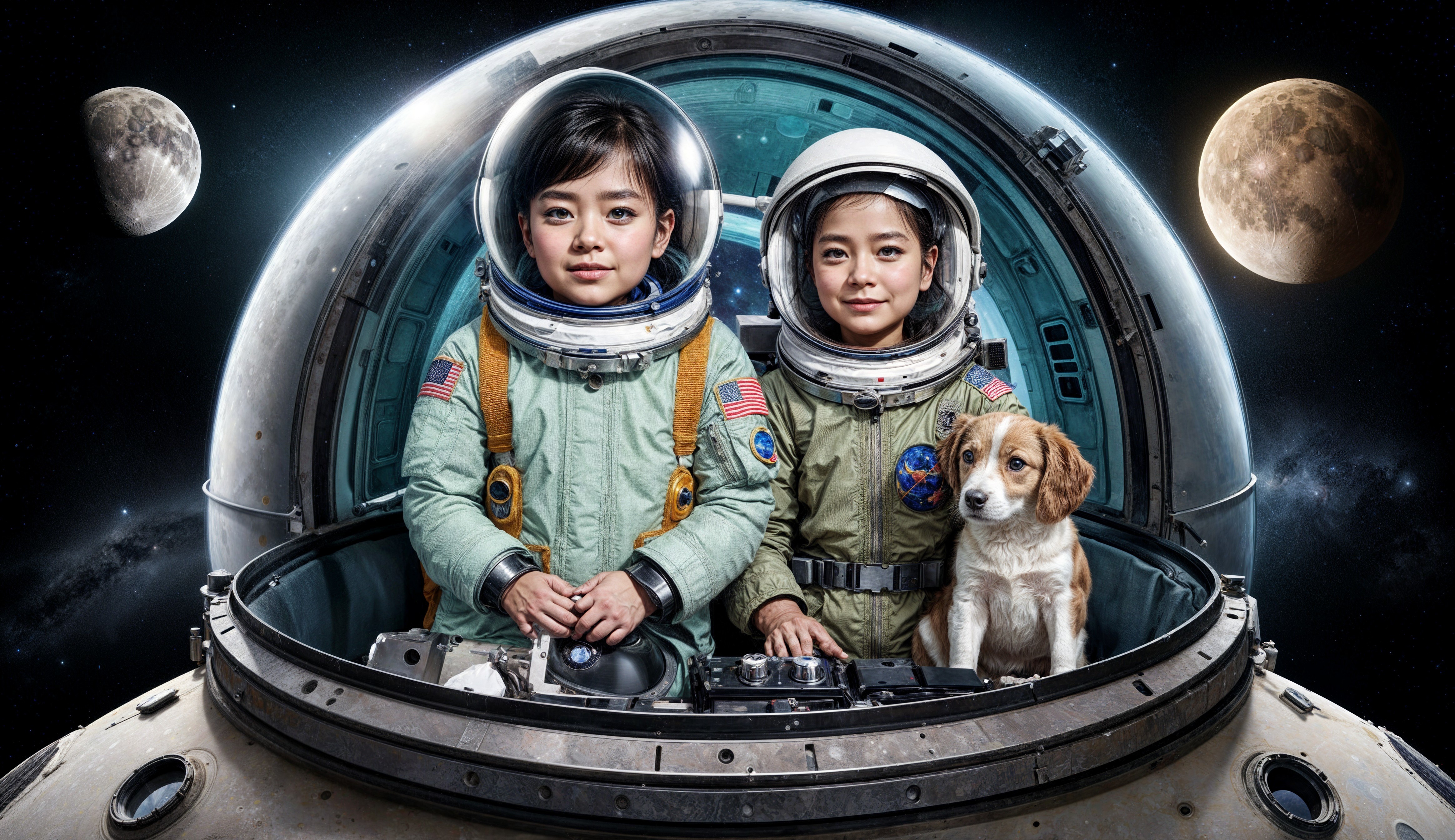 Young Astronauts and Dog Inside Futuristic Spacecraft