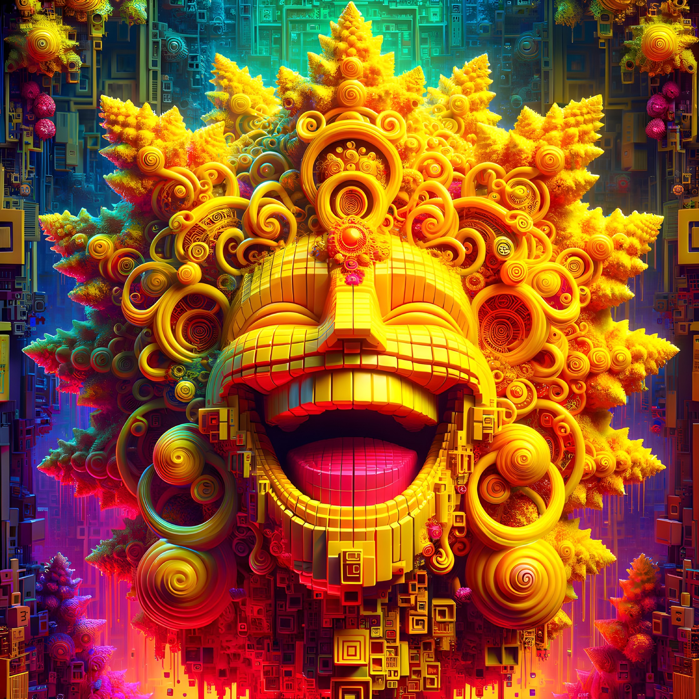 Surreal Sculpture with Smiling Face and Geometric Patterns