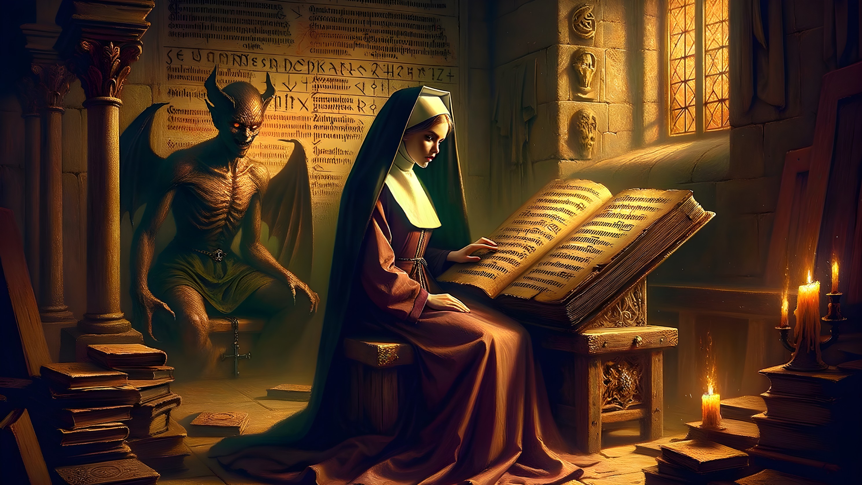 Nun Studies Ornate Book in Dimly Lit Chamber