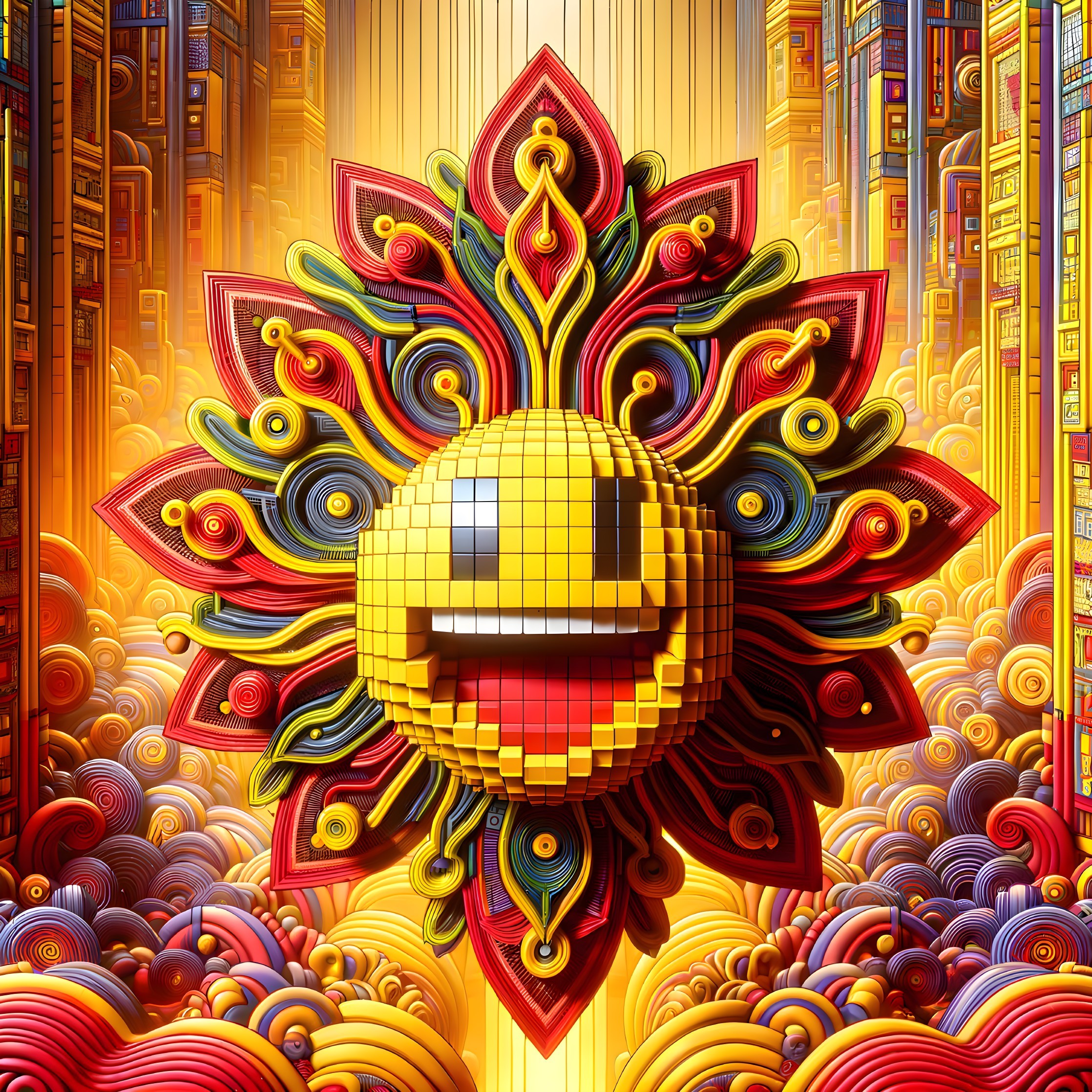 Vibrant Sun Emoji with Colorful Cubes and Patterns
