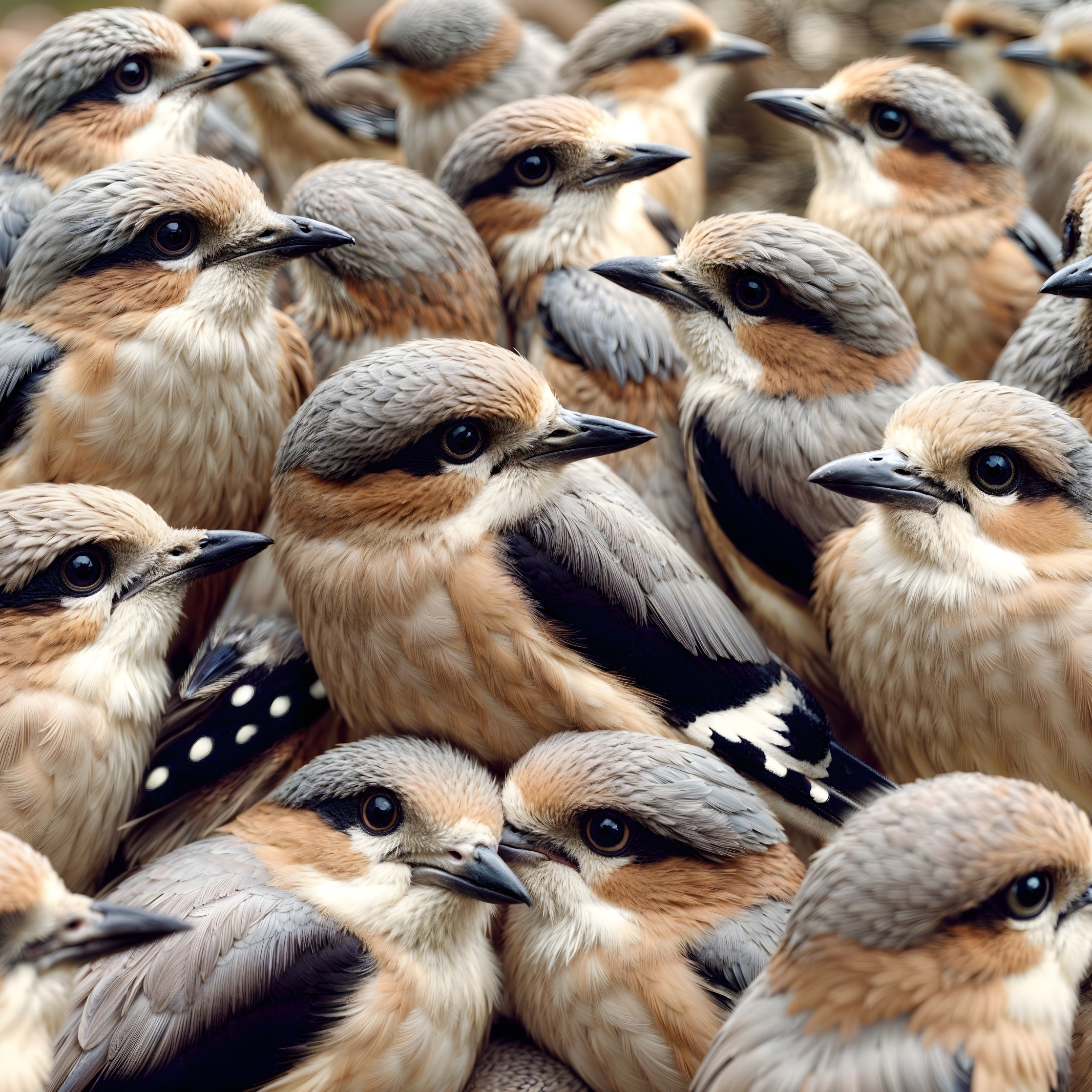 Vibrant Gathering of Small Birds in Soft Colors