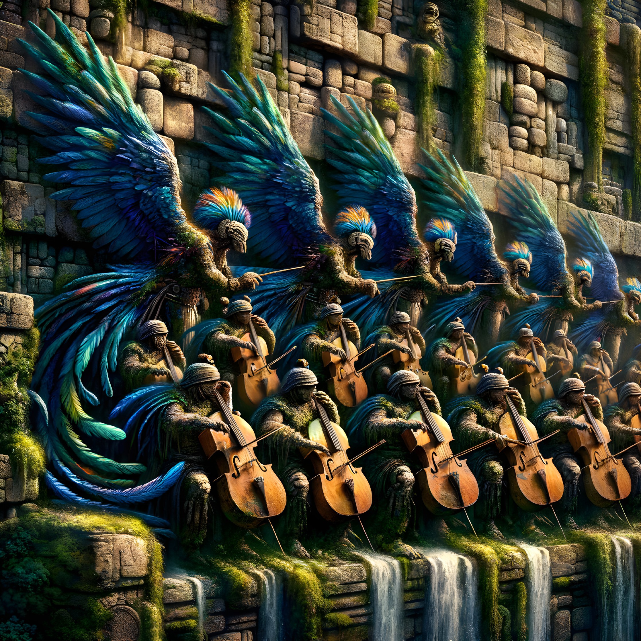Vibrant Creatures and Musicians in a Fantastical Setting