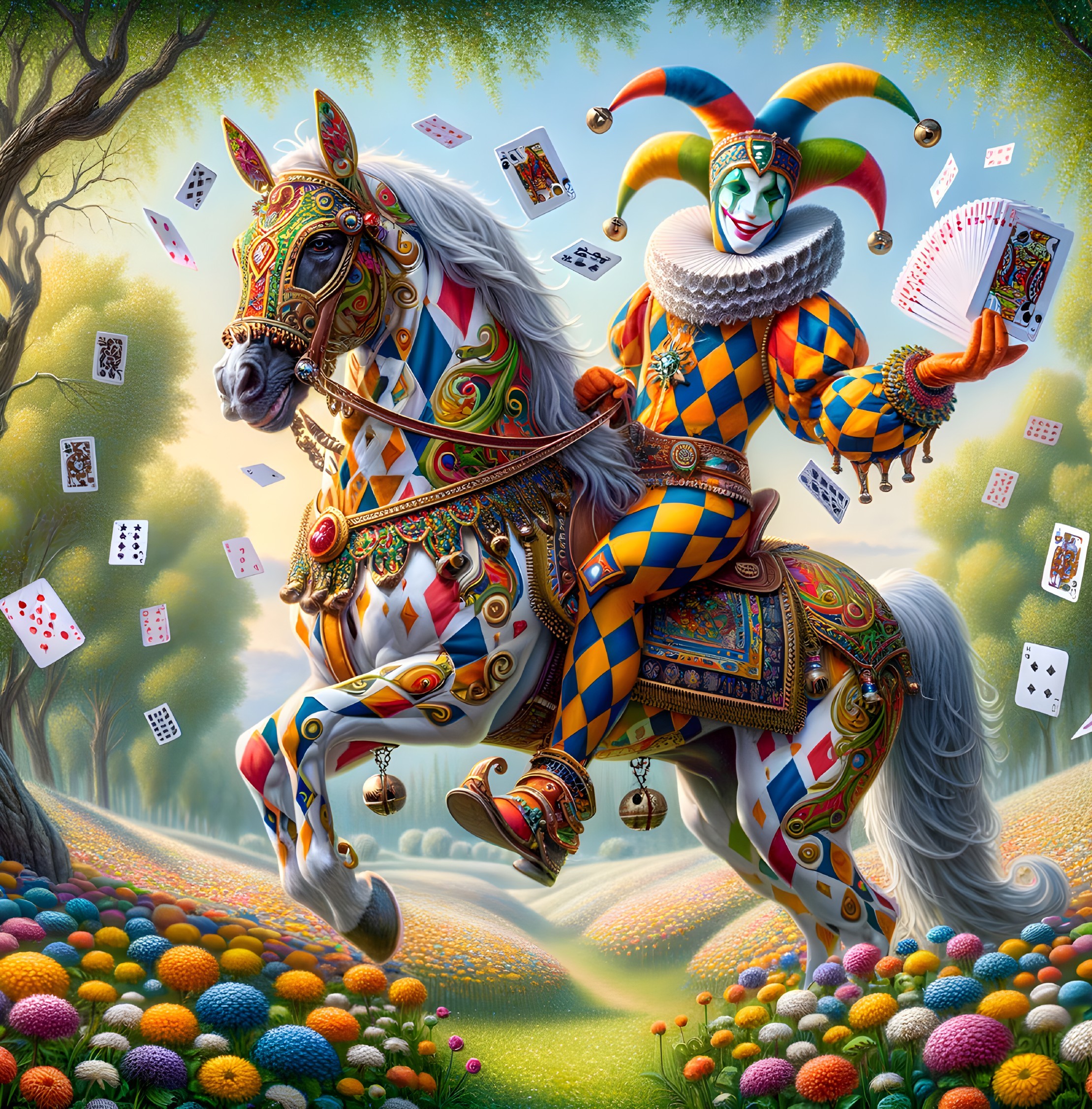 Whimsical Jester on Decorated Horse in Meadow