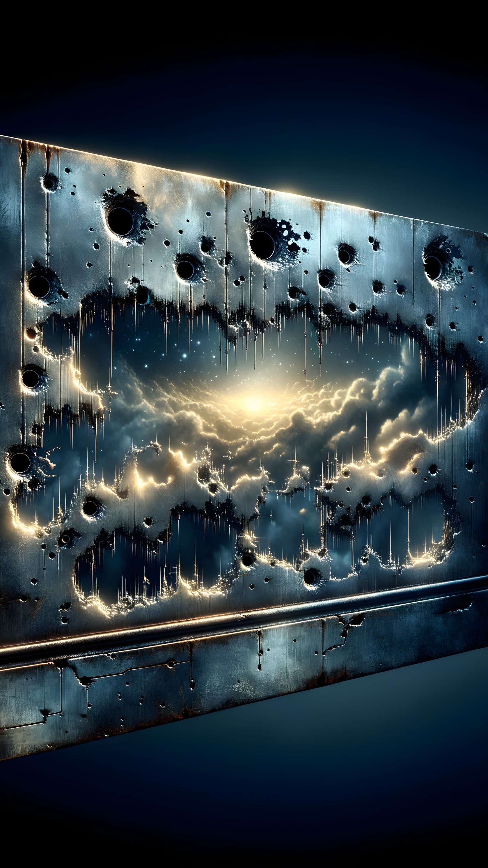 Surreal Metallic Panel with Luminous Sky and Holes