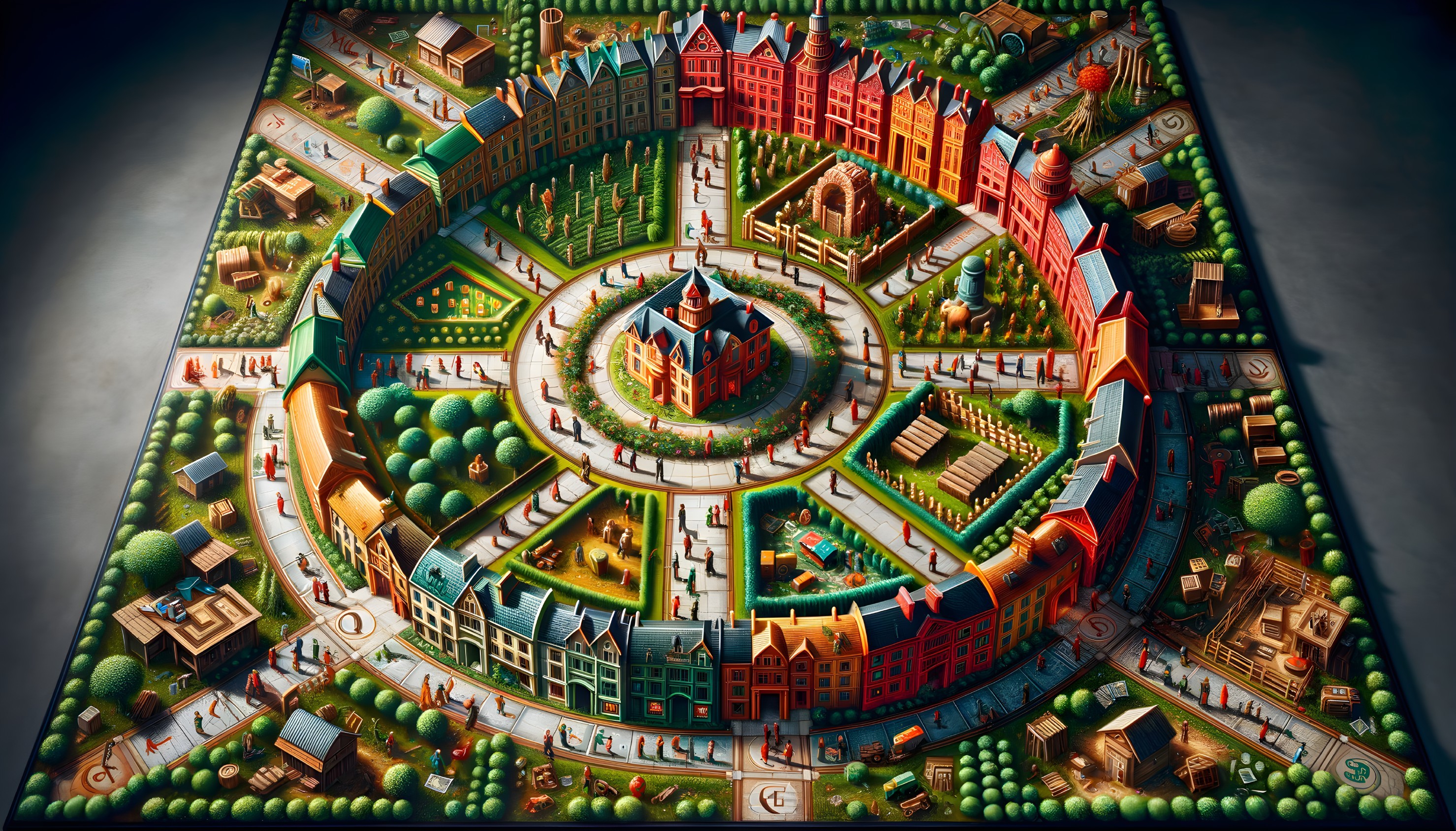 Colorful Circular Town Map with Central Grand Building