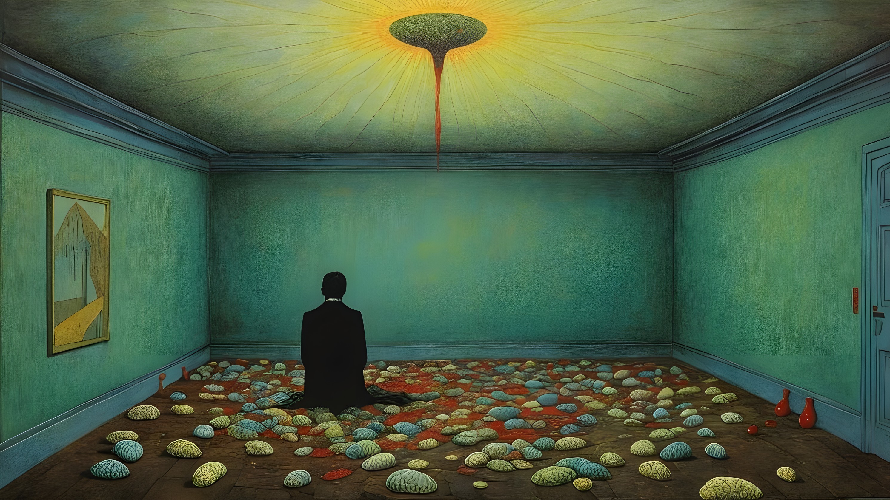 Surreal Room with Figure and Eerie Lighting