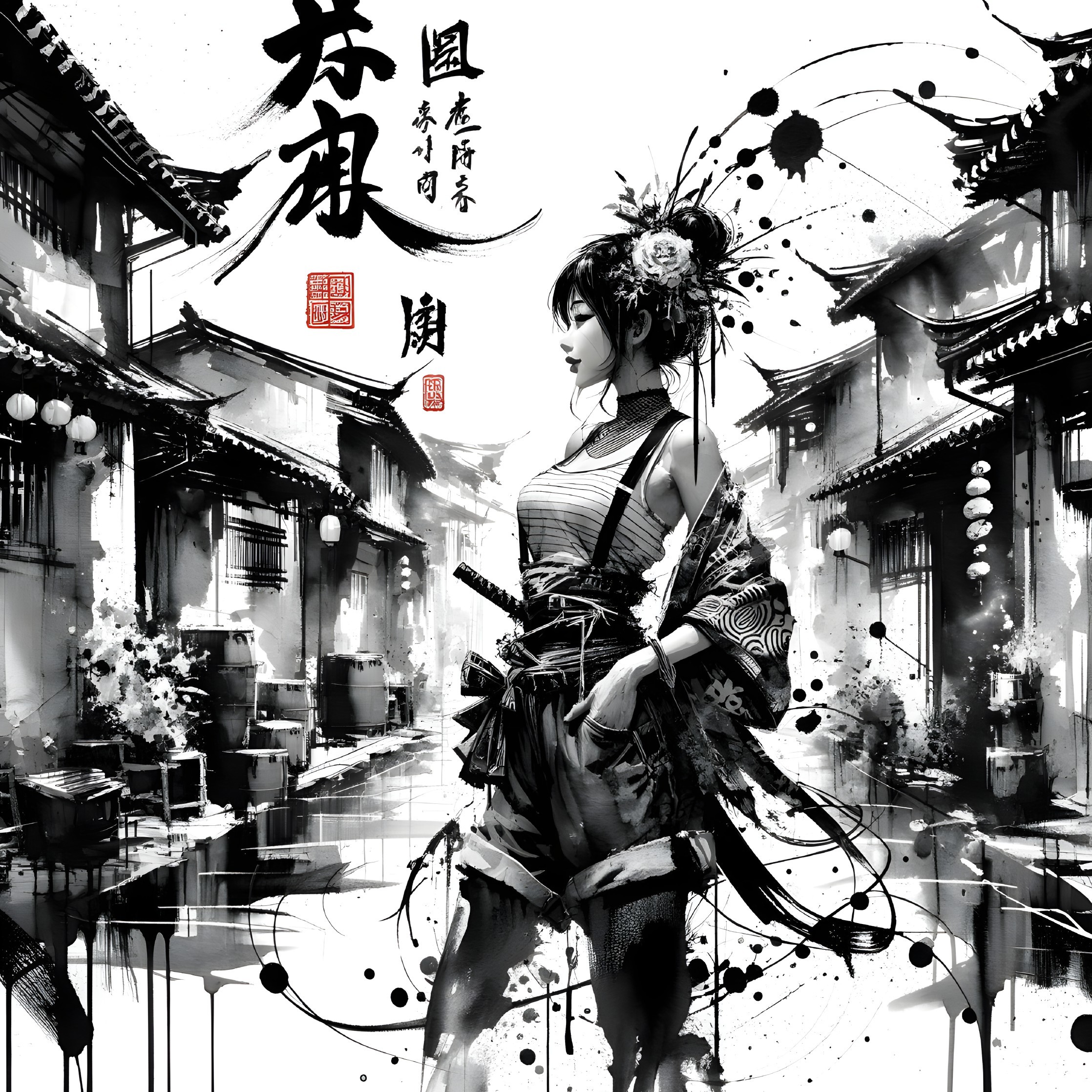 Black-and-White Illustration of Female Figure in Street
