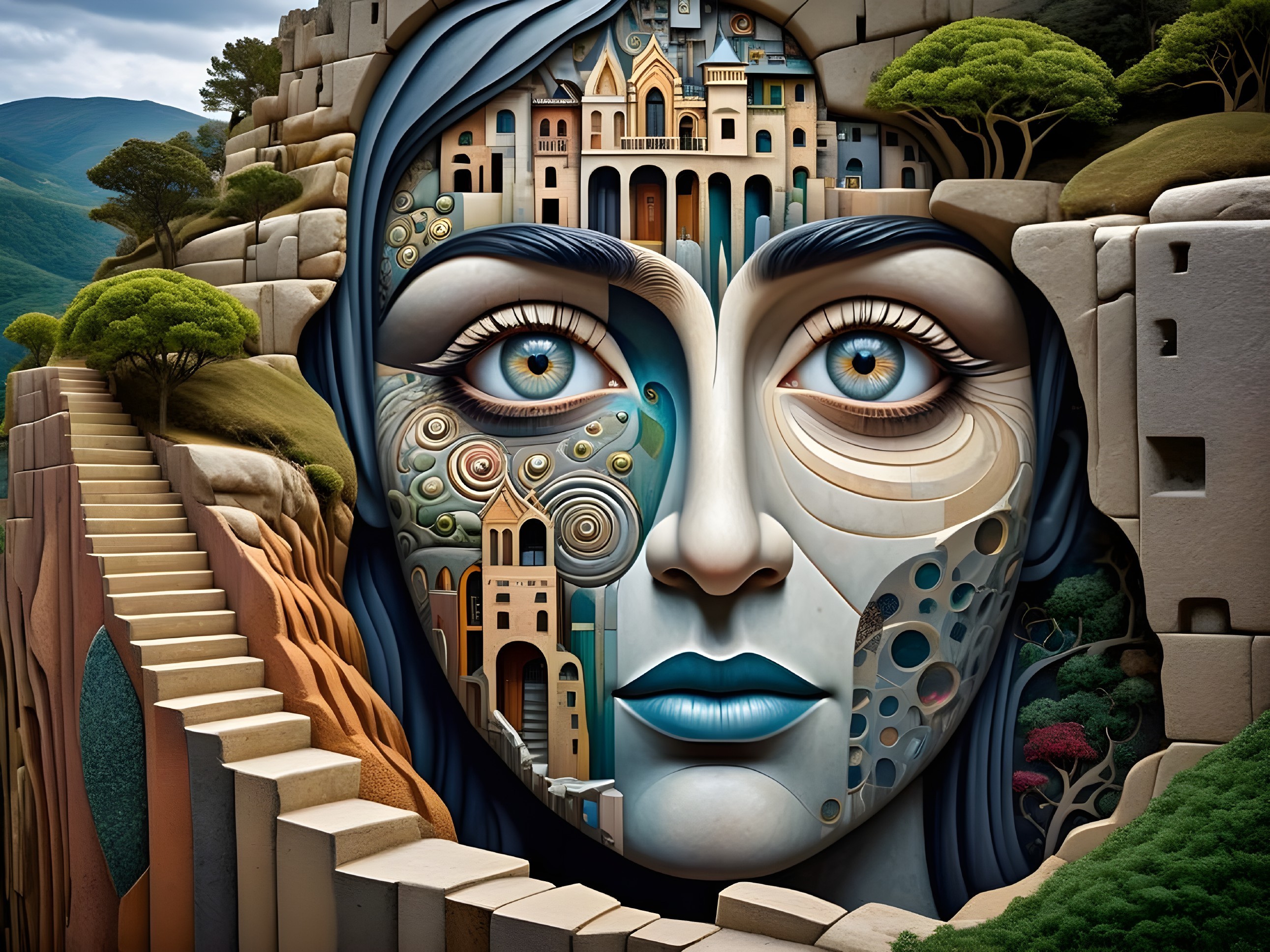 Surreal Face Carved in Rocky Landscape with Architecture