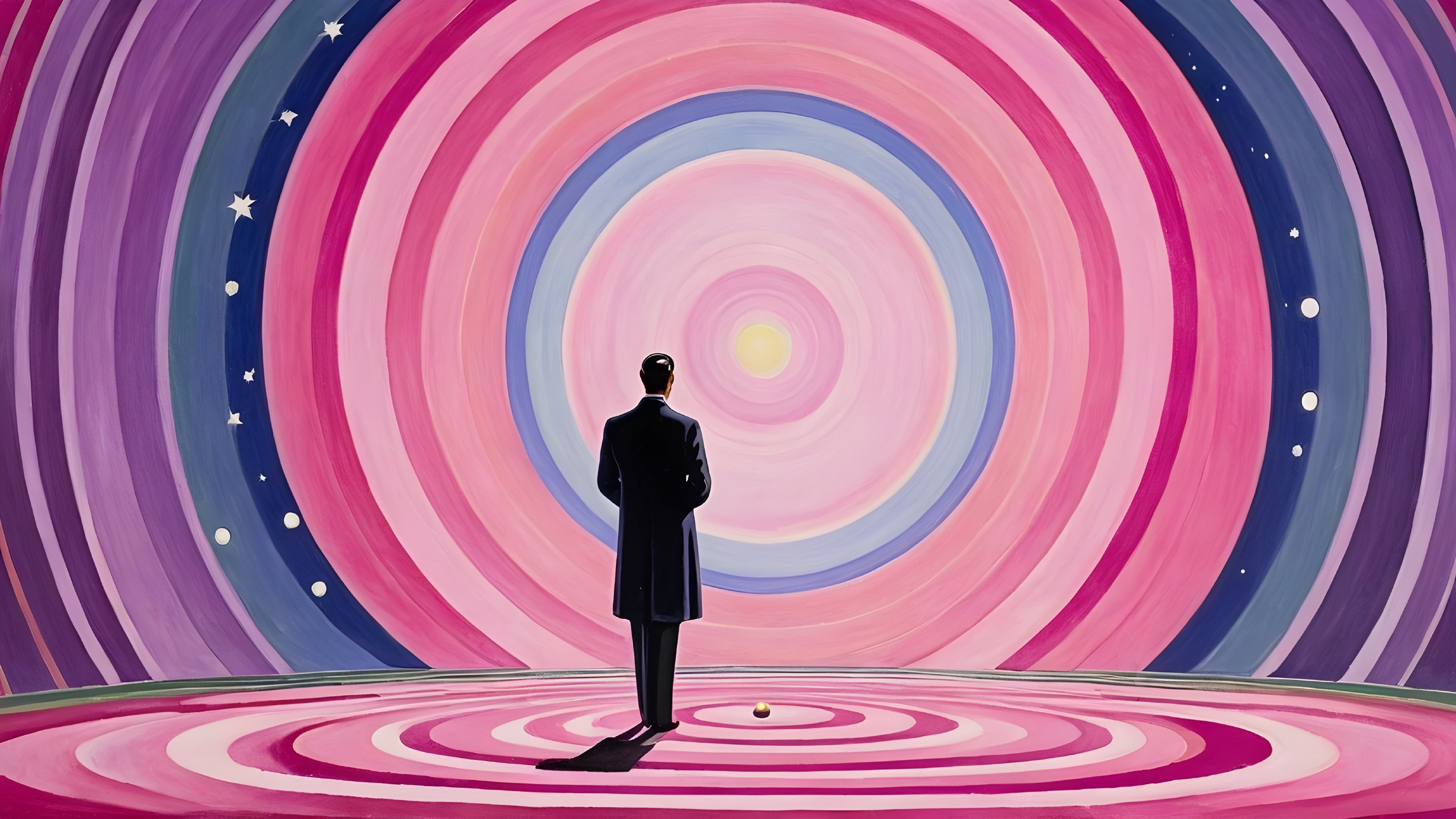 Figure in Long Coat Against Colorful Circular Background