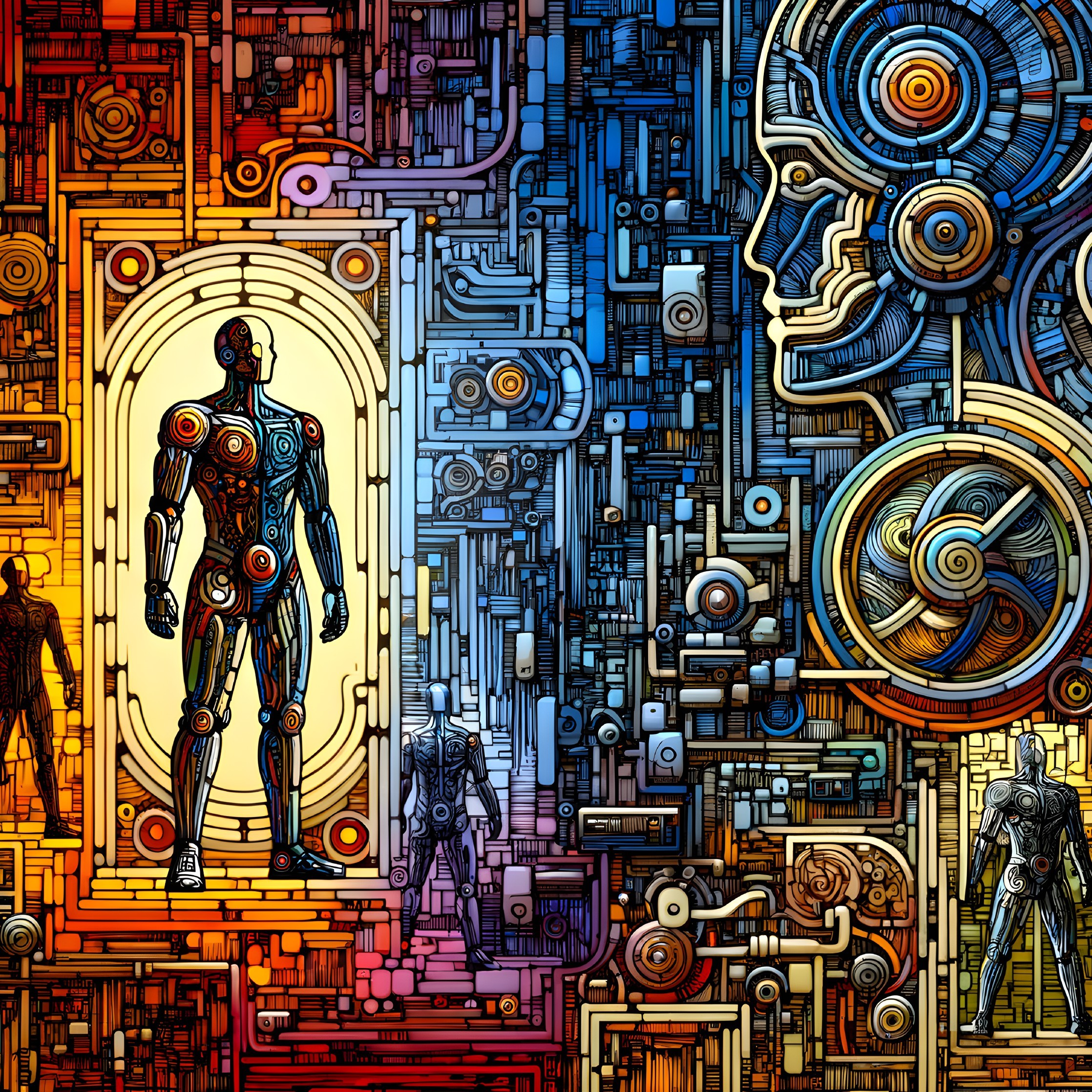 Abstract Humanoid Figures and Circuitry Patterns