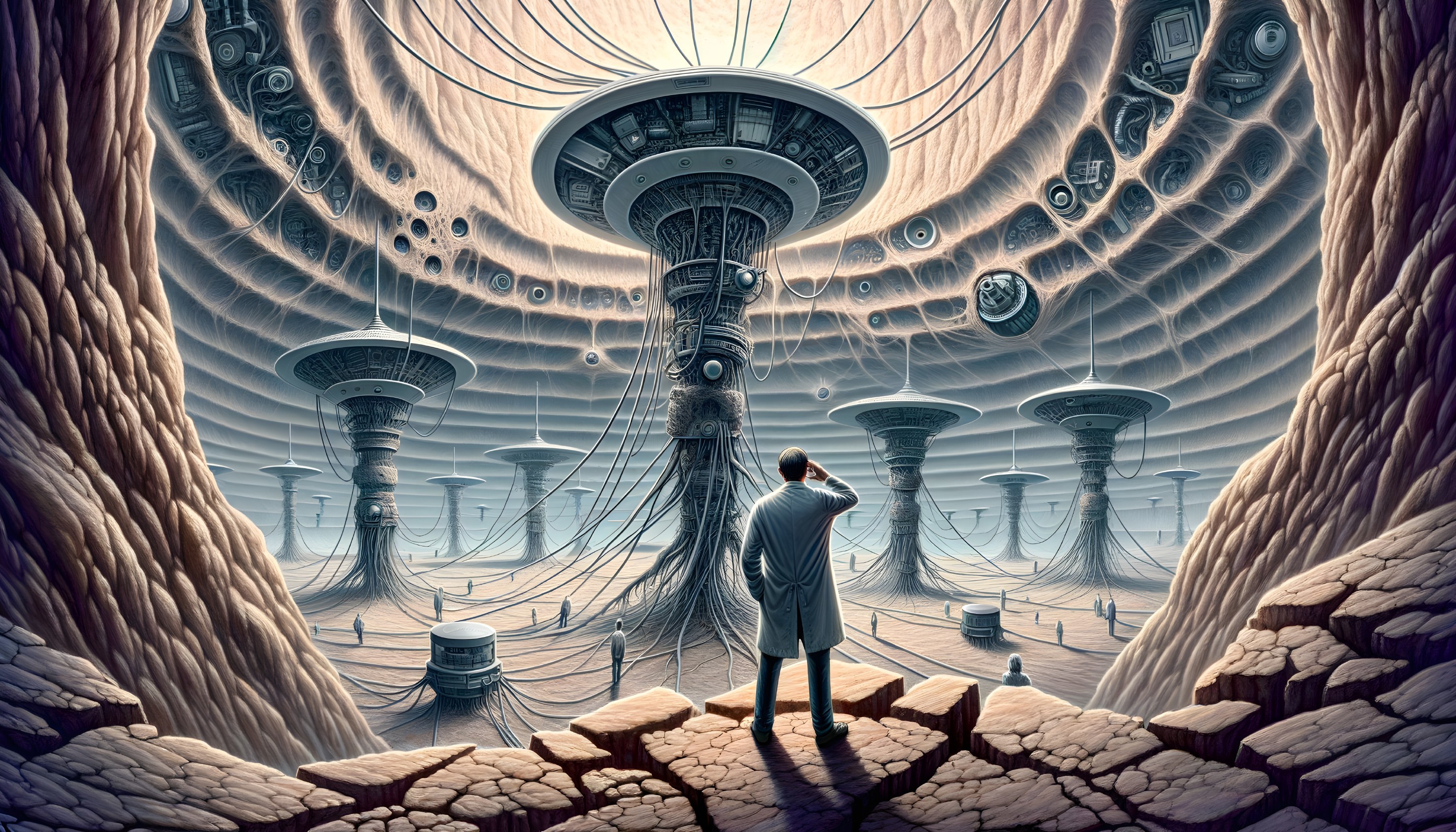 Lone Figure in Lab Coat Amid Futuristic Structure