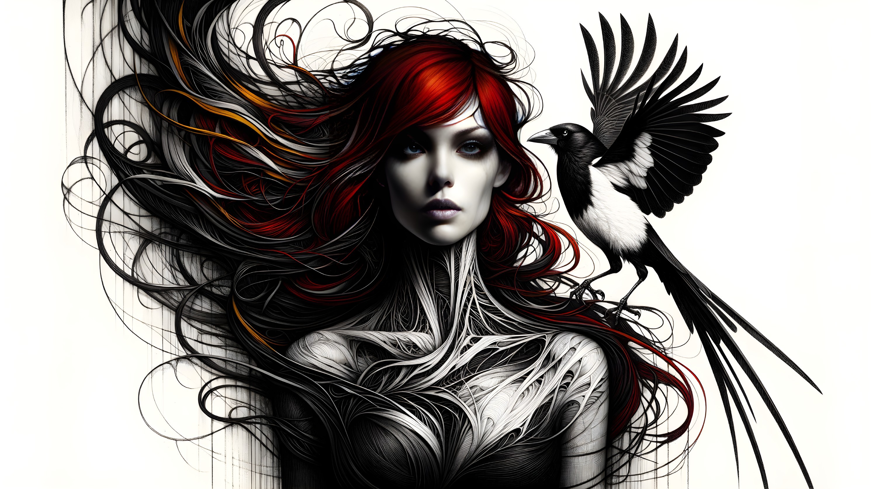 Woman with Black Hair and Organic Patterns