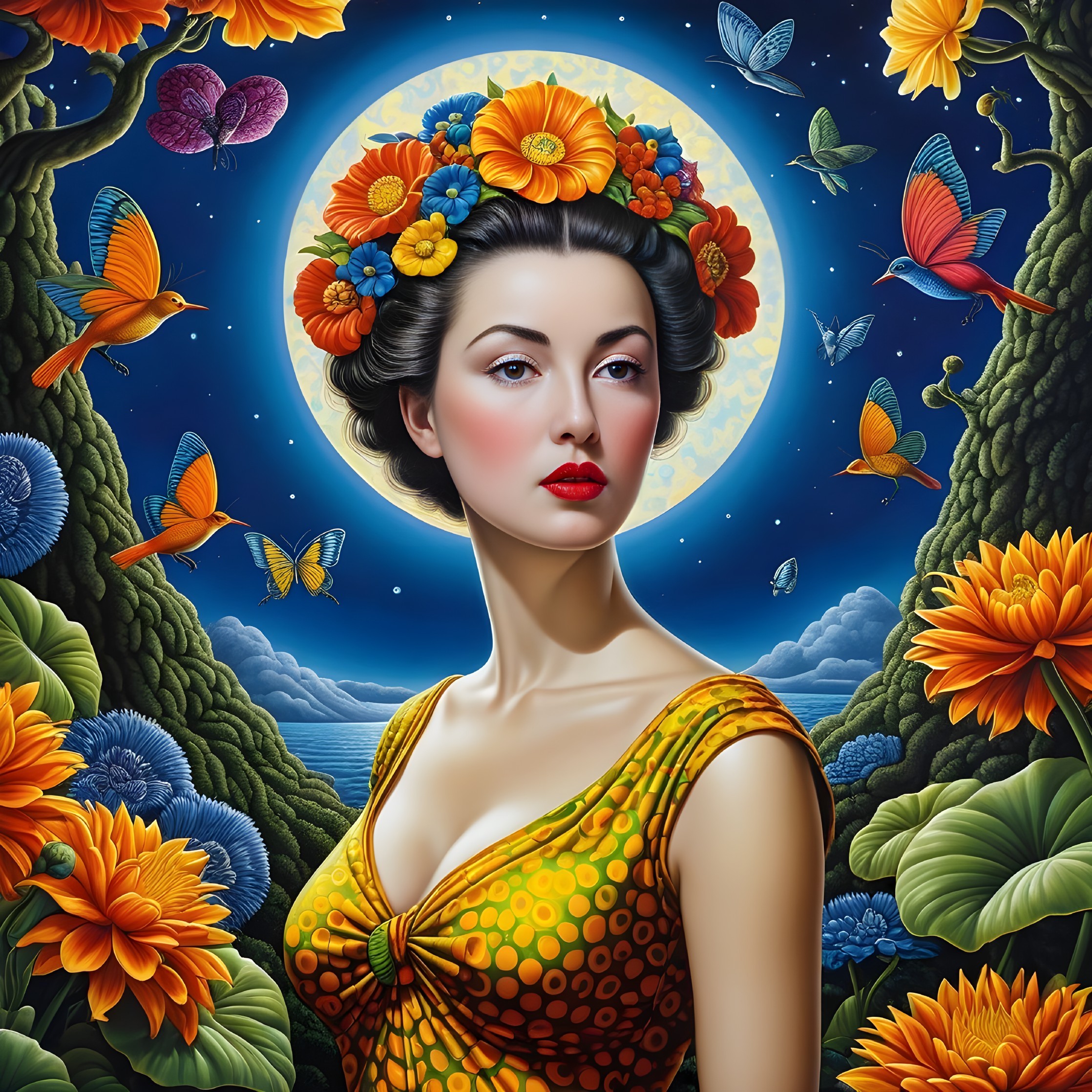 Portrait of a Woman with Flowers and Moonlit Sky