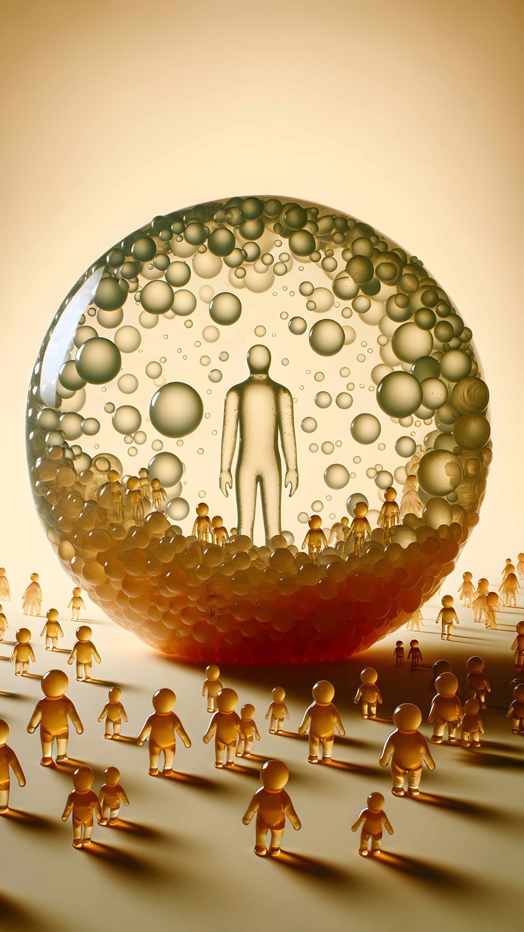 Translucent Sphere with Golden Bubbles and Figures