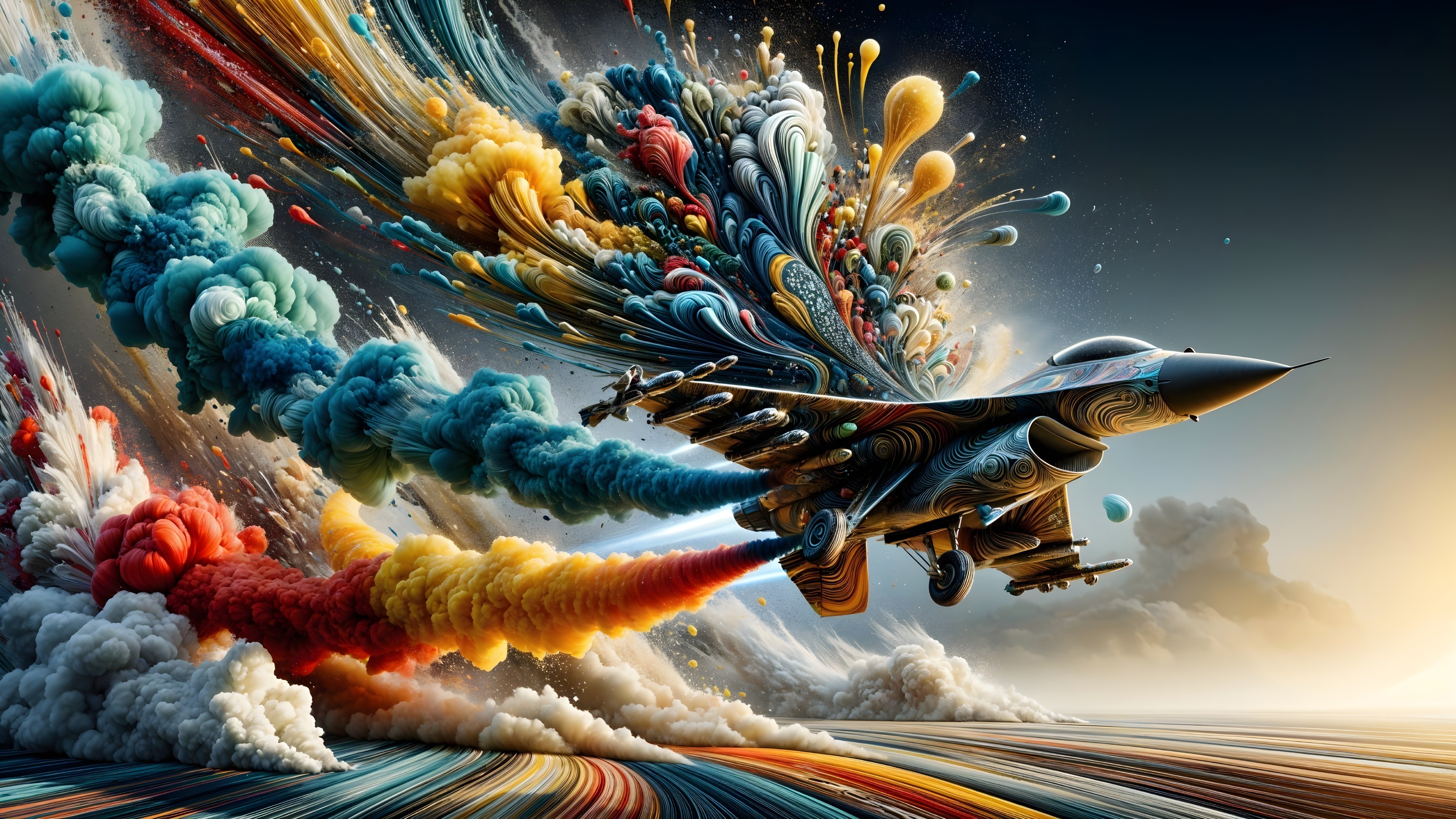 Surreal Fighter Jet in Colorful Cloud Explosion