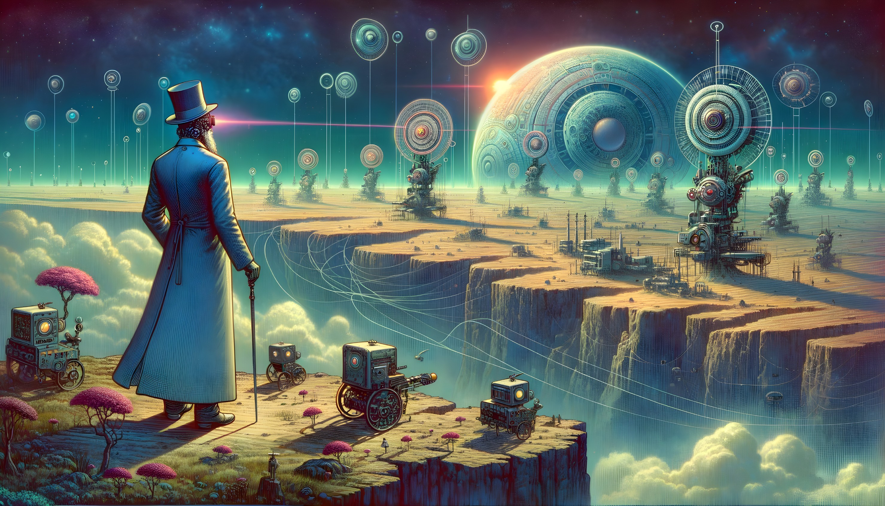 Surreal Landscape with Mechanical Robots and Geometric Patterns