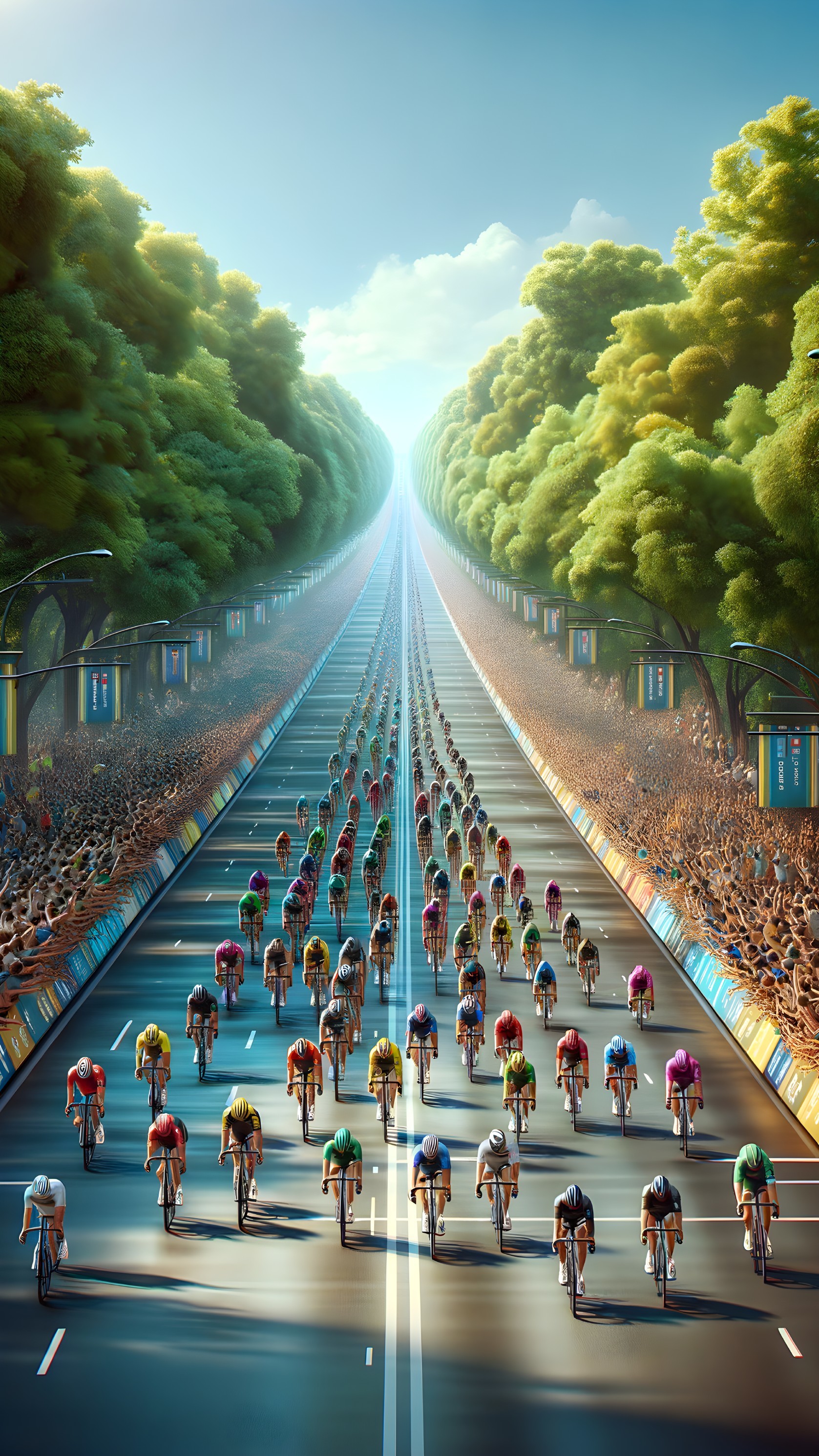 Cyclists Racing on a Tree-Lined Road with Crowd