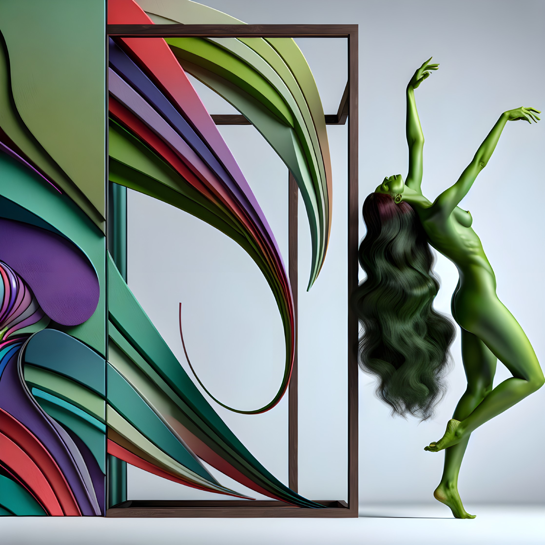 Stylized Green Figure Dancing with Abstract Colors