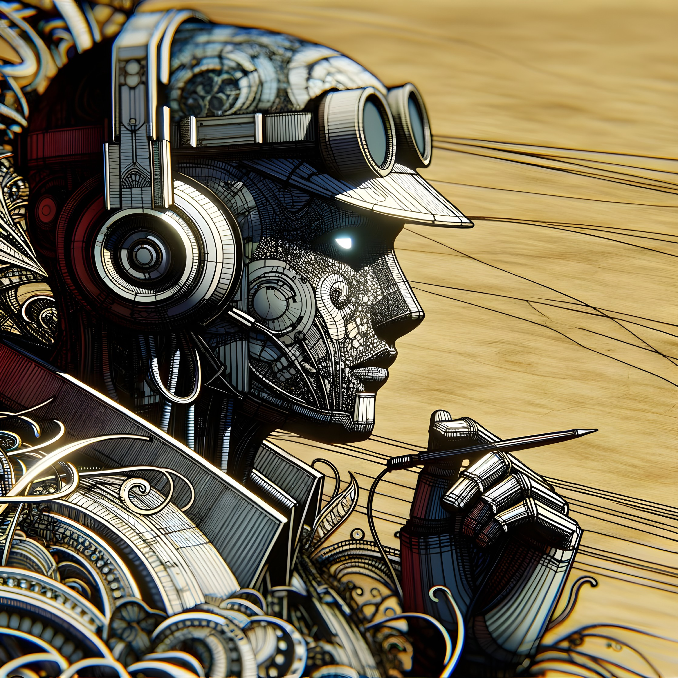 Futuristic Robot with Headphones and Artistic Designs