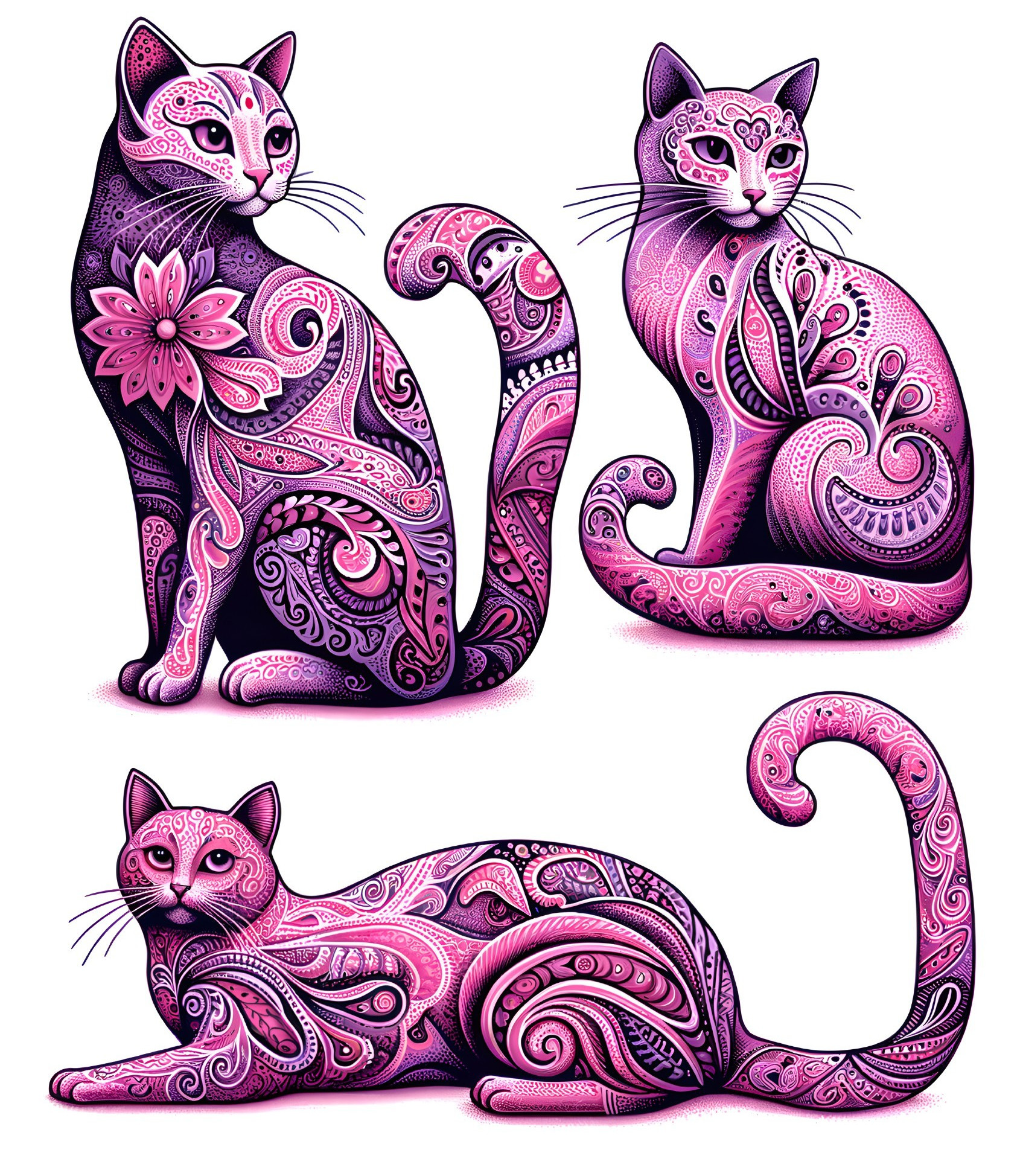 Stylized Cats with Intricate Pink and Purple Patterns