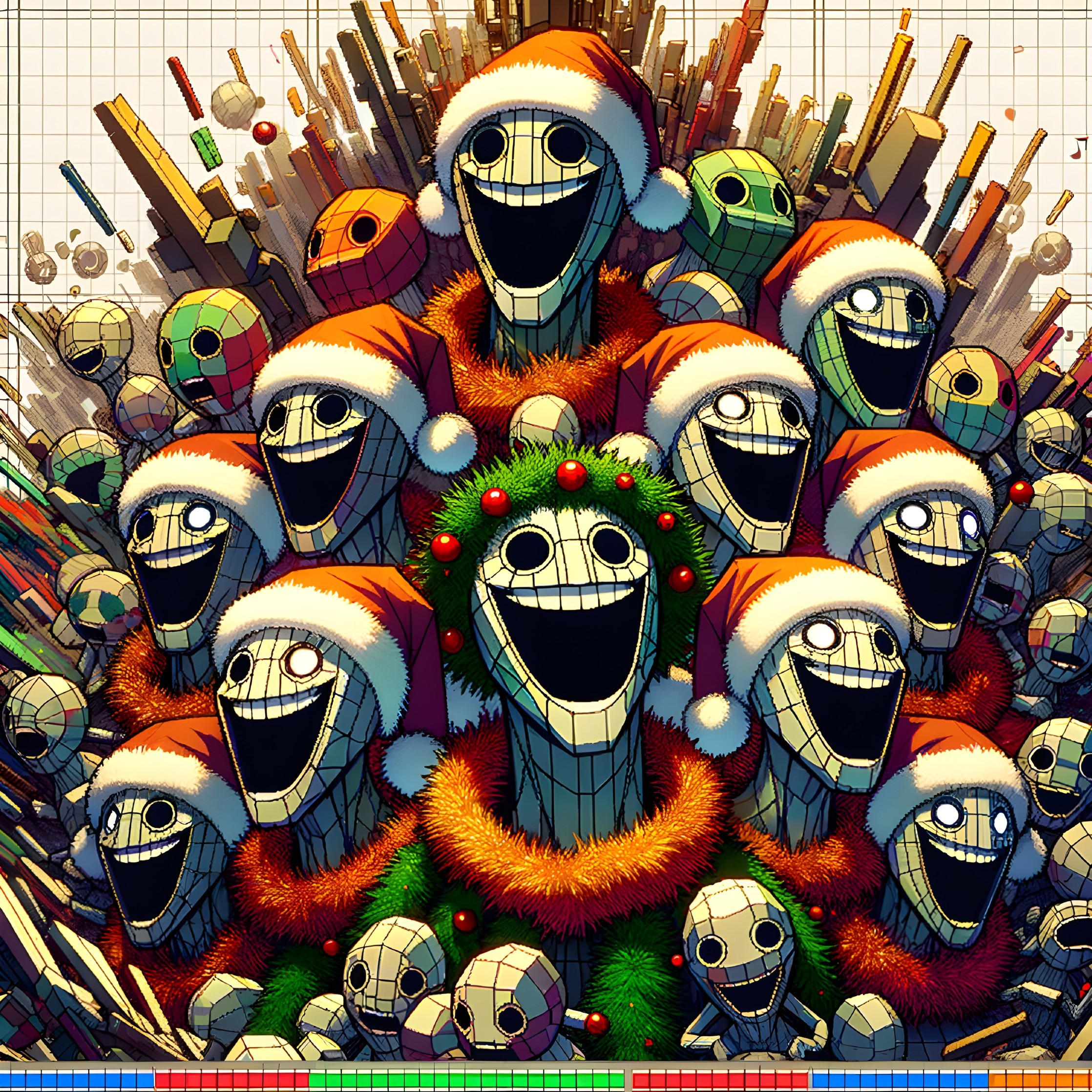 Colorful Animated Crowd in Festive Santa Hats