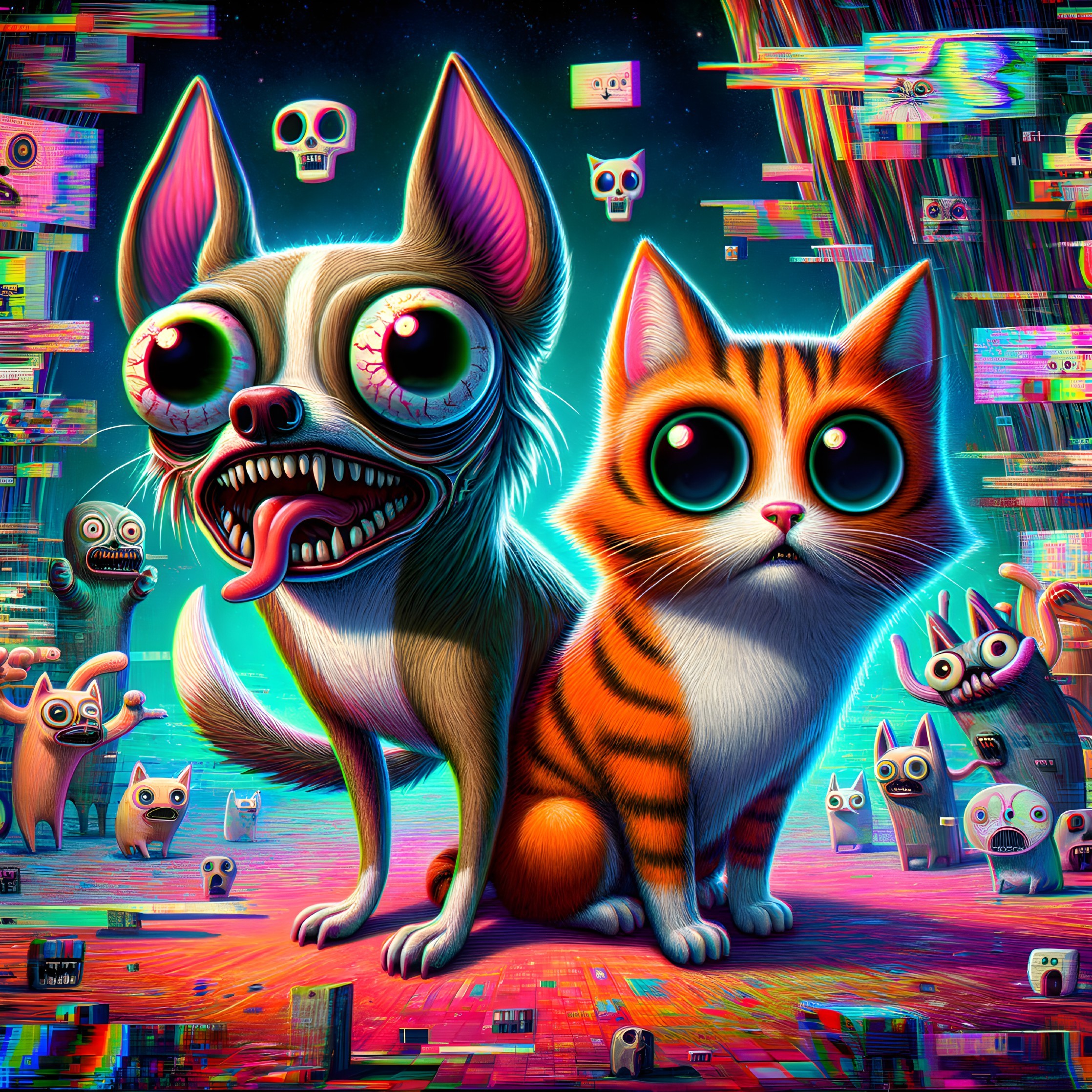 Surreal Cartoon Scene with Dog and Cat in Glitch Art