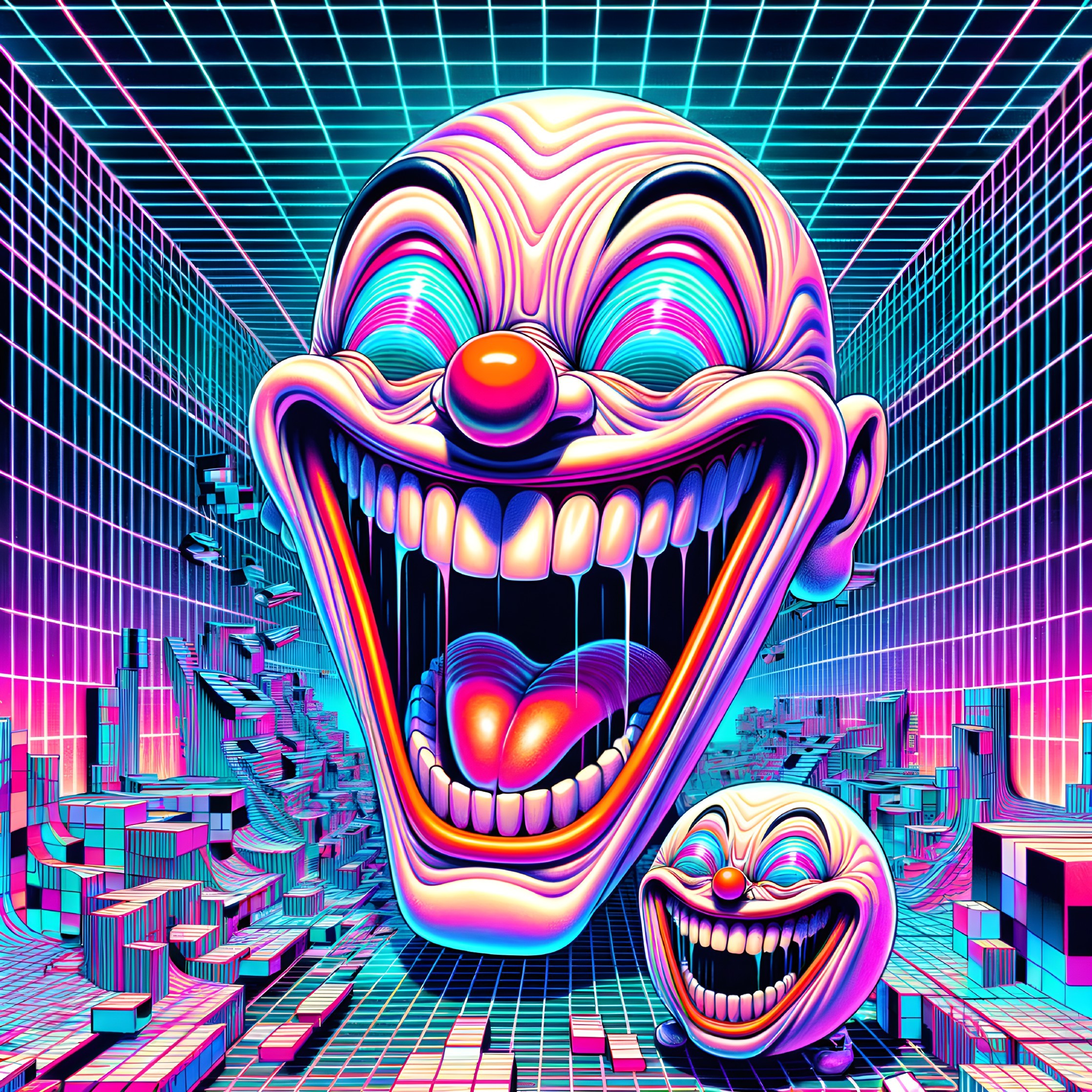 Vibrant Digital Clown Head with Exaggerated Features