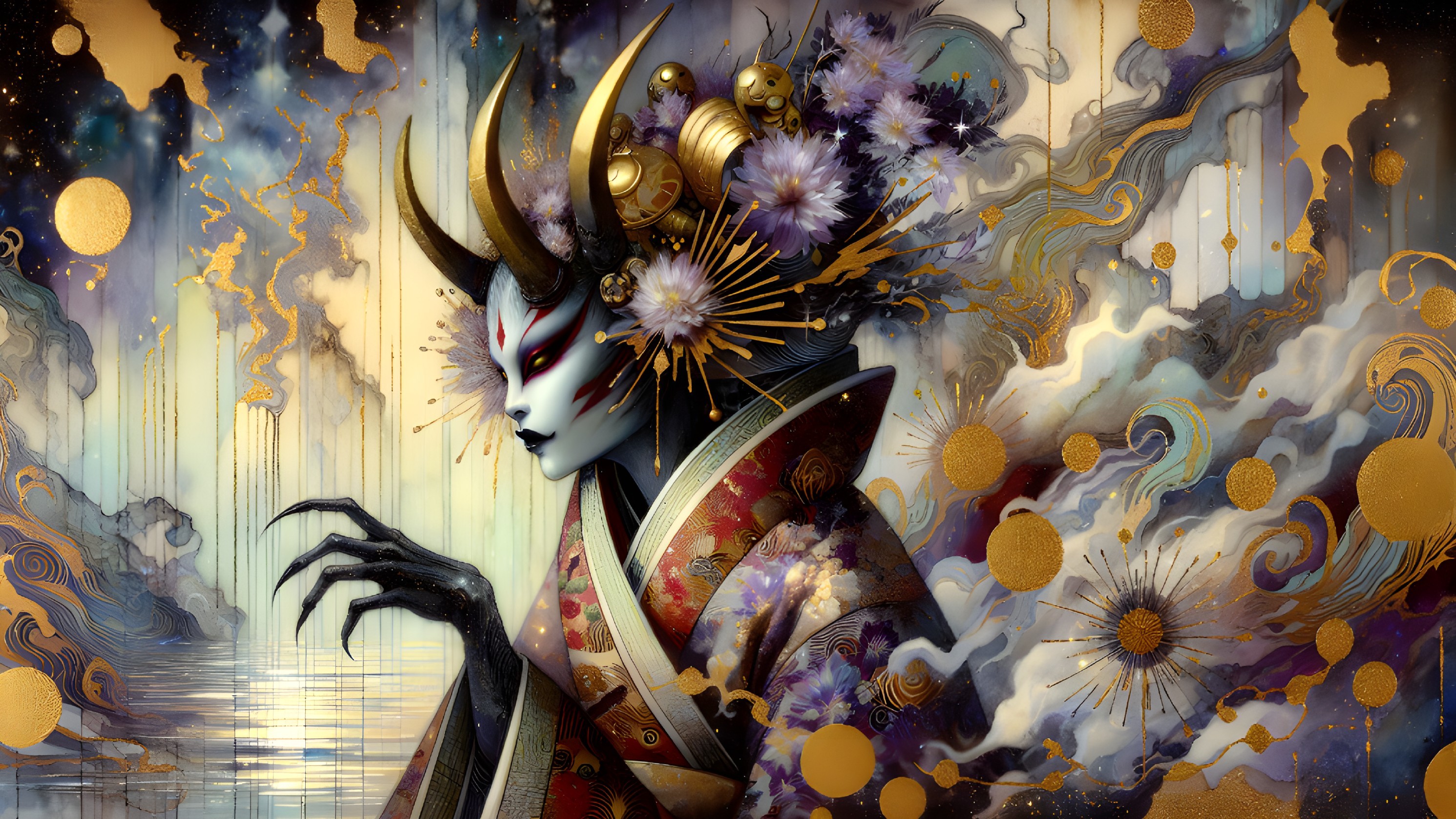 Mystical figure in kimono with swirling clouds backdrop