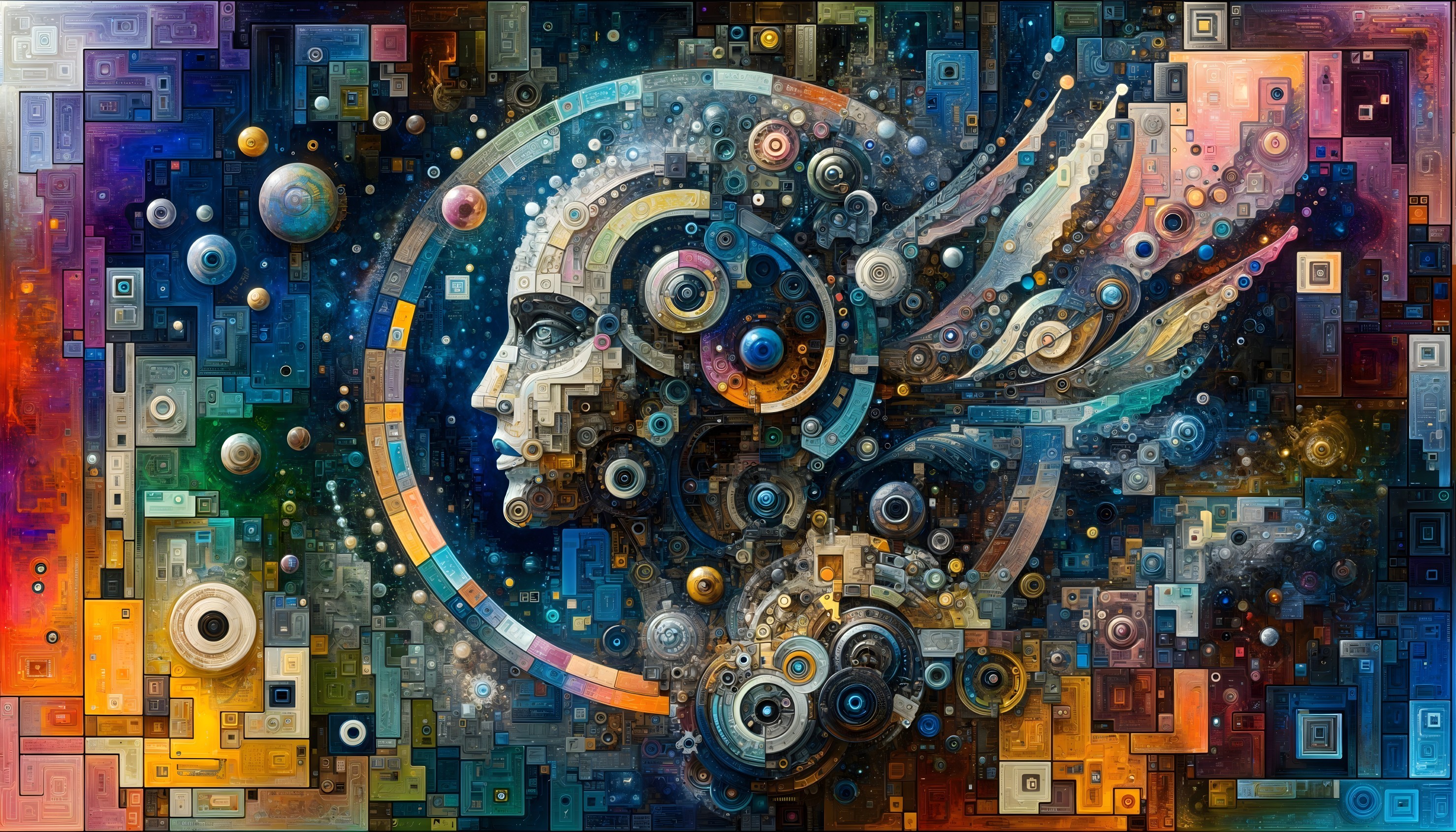 Abstract Composition of a Stylized Human Face and Patterns