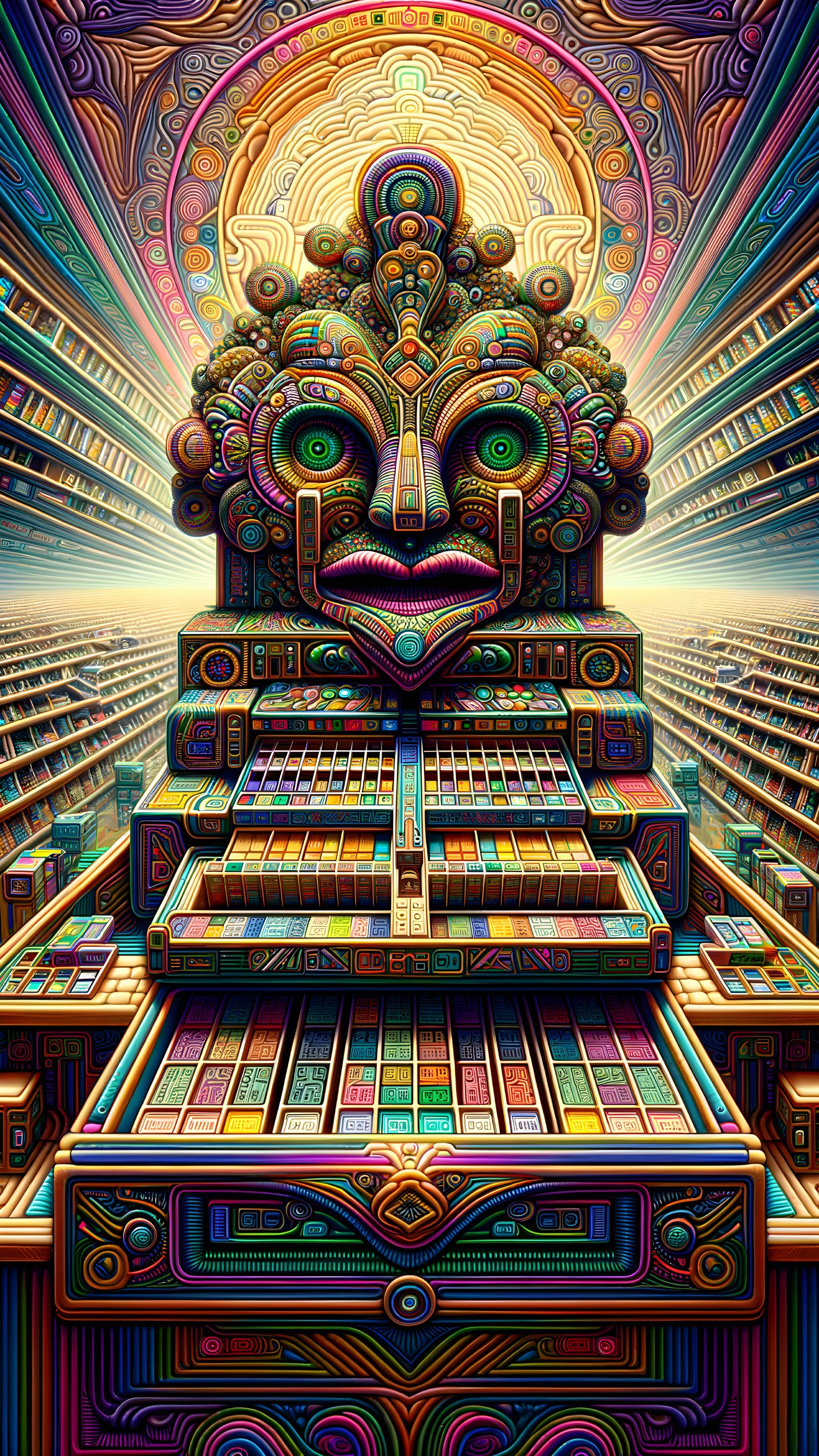 Surreal Structure with Ornate Face and Kaleidoscopic Background