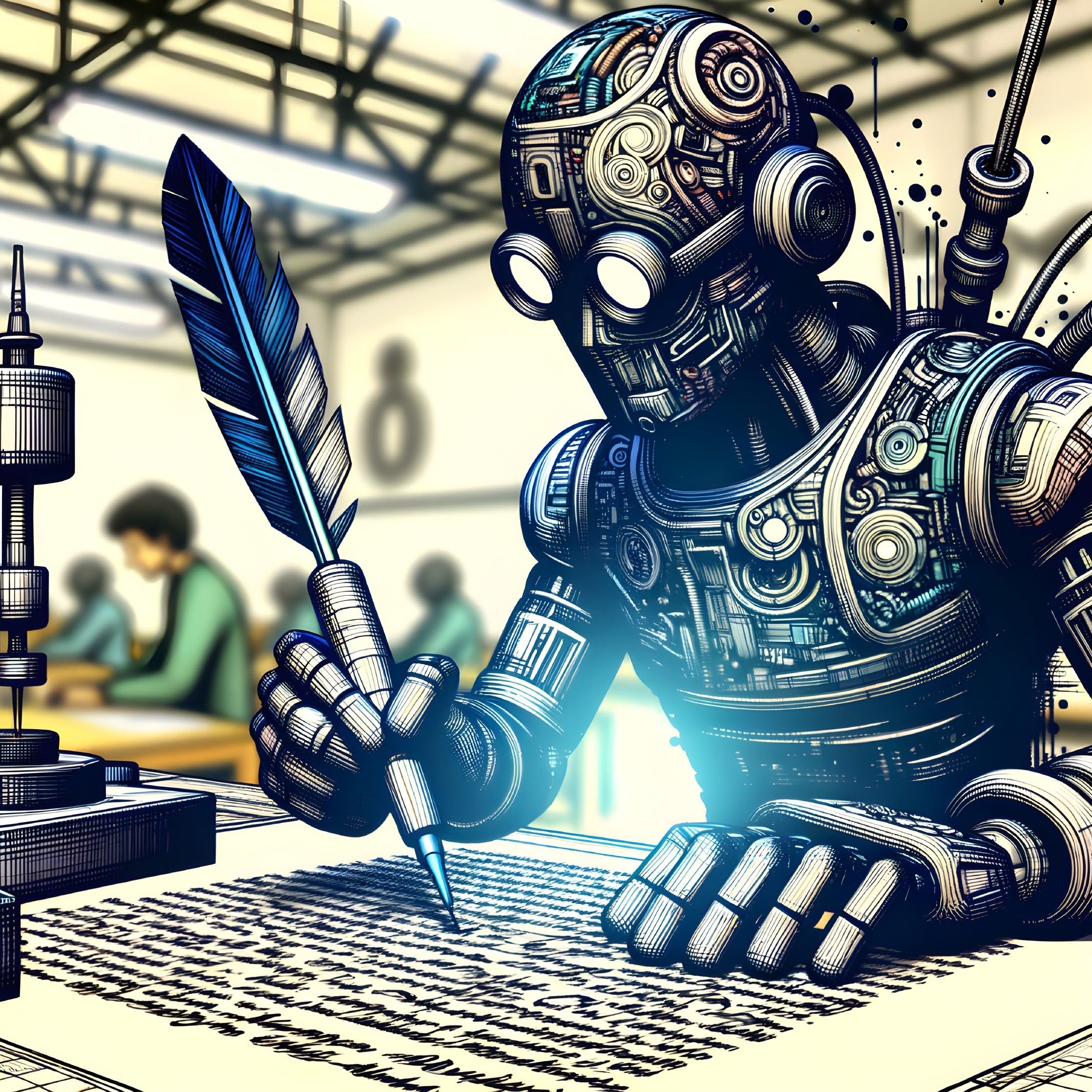 Futuristic Robot Writing at Table with Quill