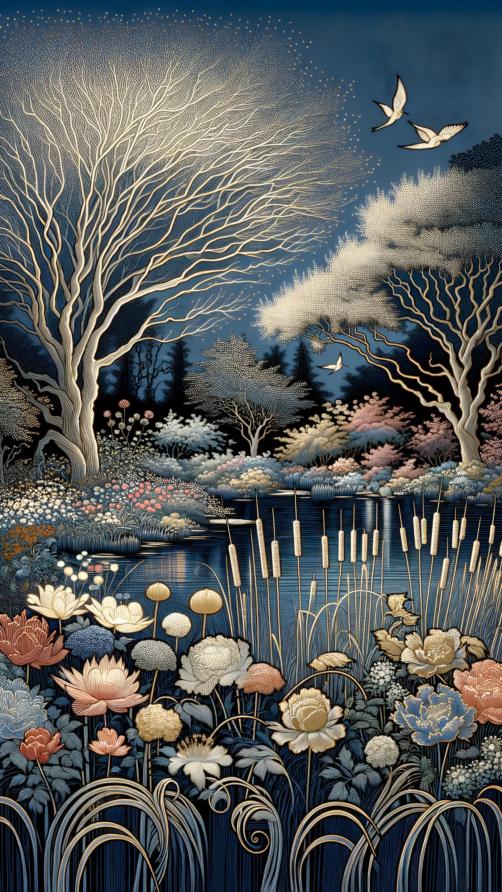 Tranquil Night Landscape with Pond and Lush Flora