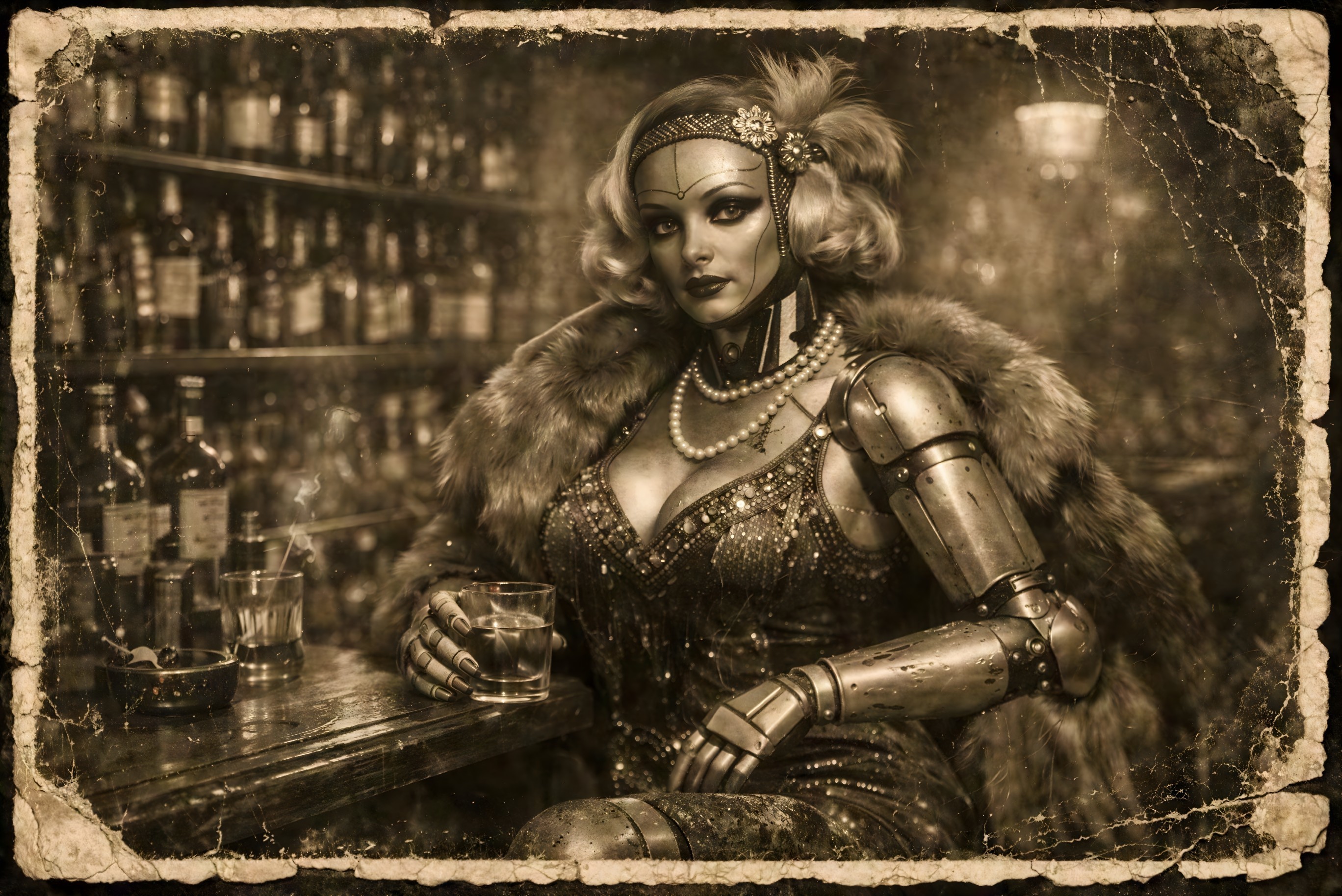 Sepia-toned anthropomorphic robot in 1920s attire